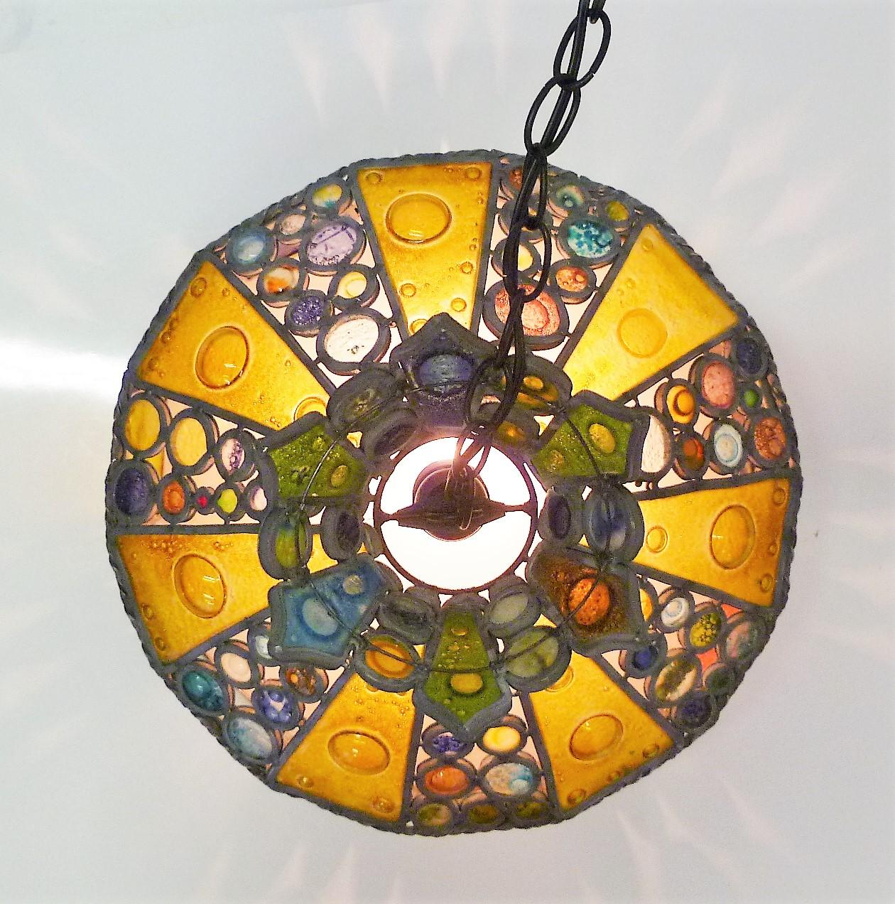 1950s Multi-Color Fused Glass Pendant in the Style of Higgins For Sale 3