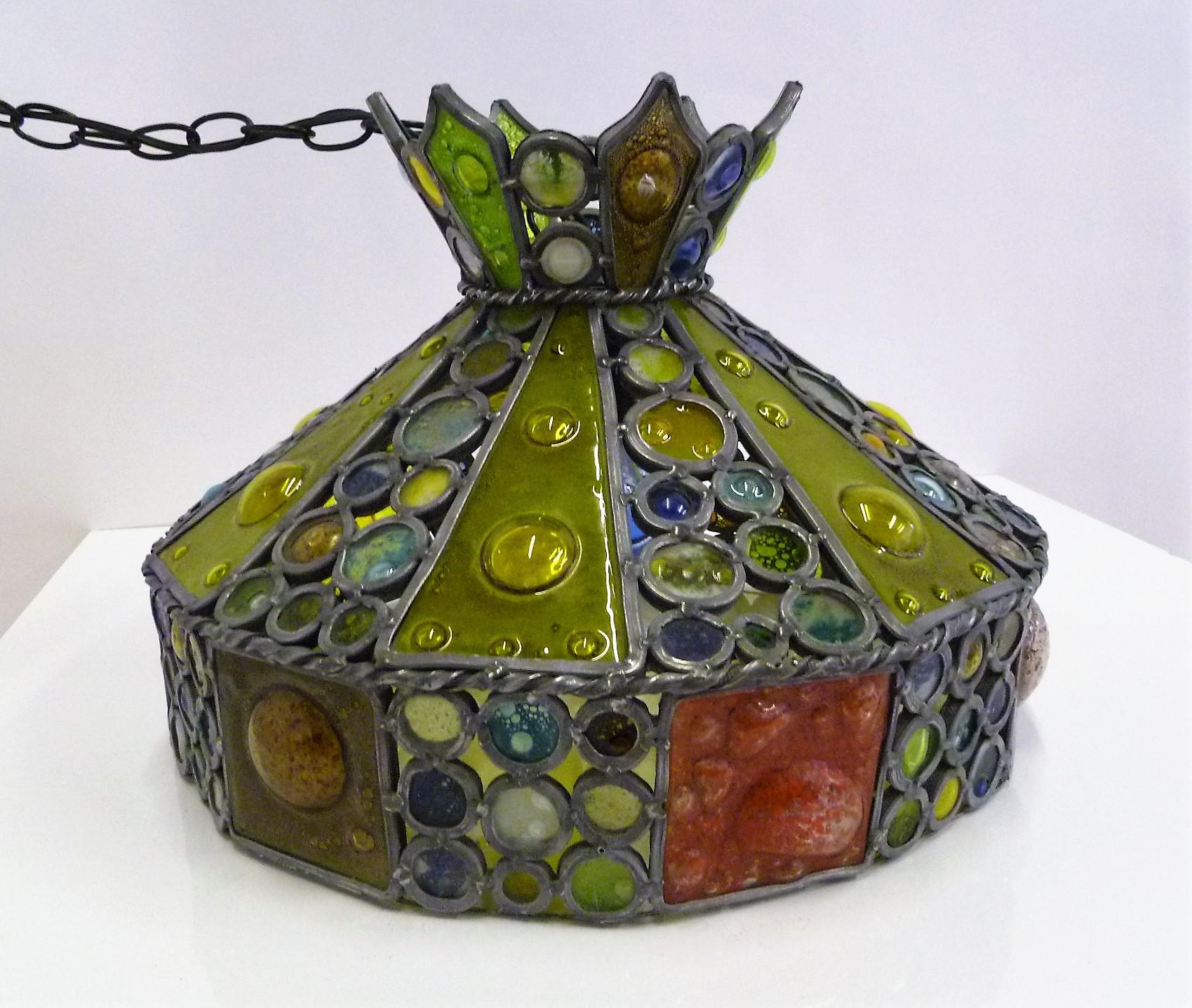 Metalwork 1950s Multi-Color Fused Glass Pendant in the Style of Higgins For Sale