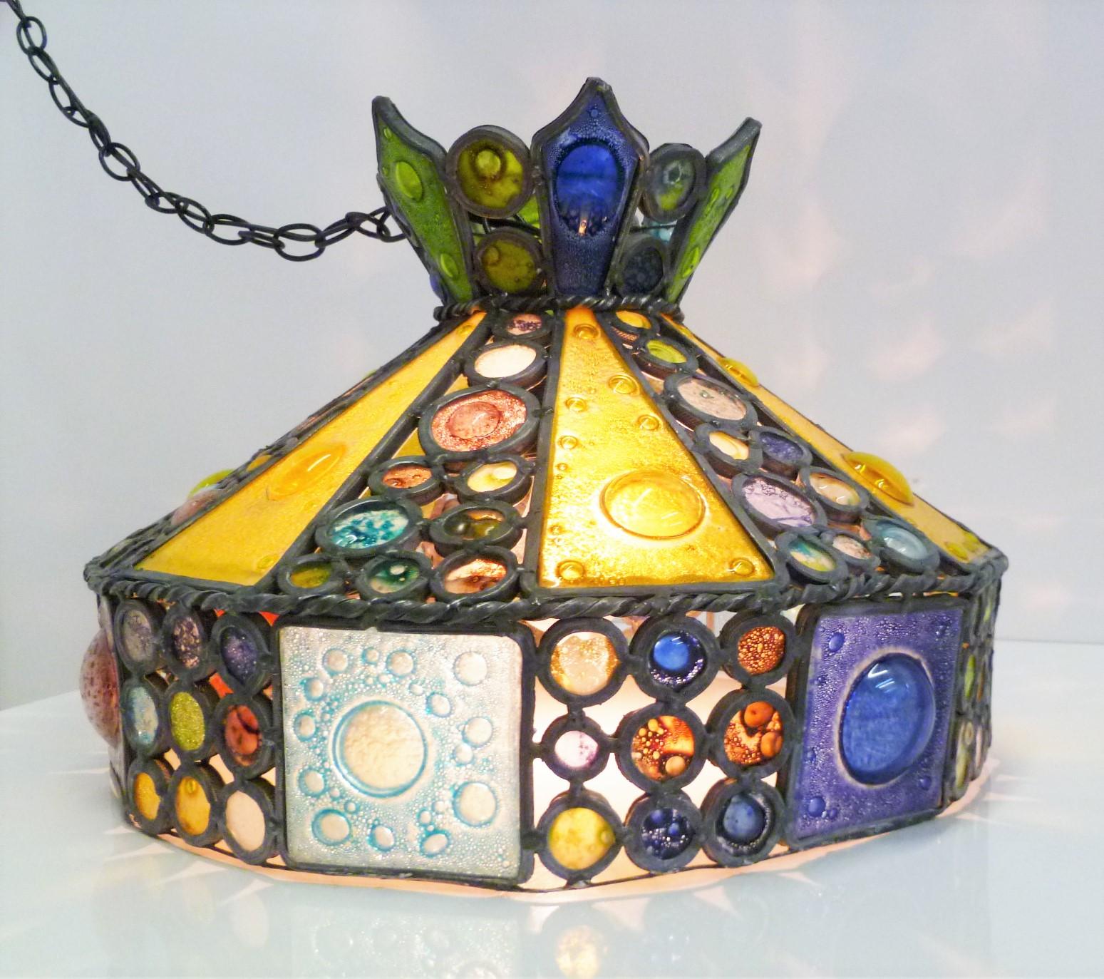 Lead 1950s Multi-Color Fused Glass Pendant in the Style of Higgins For Sale