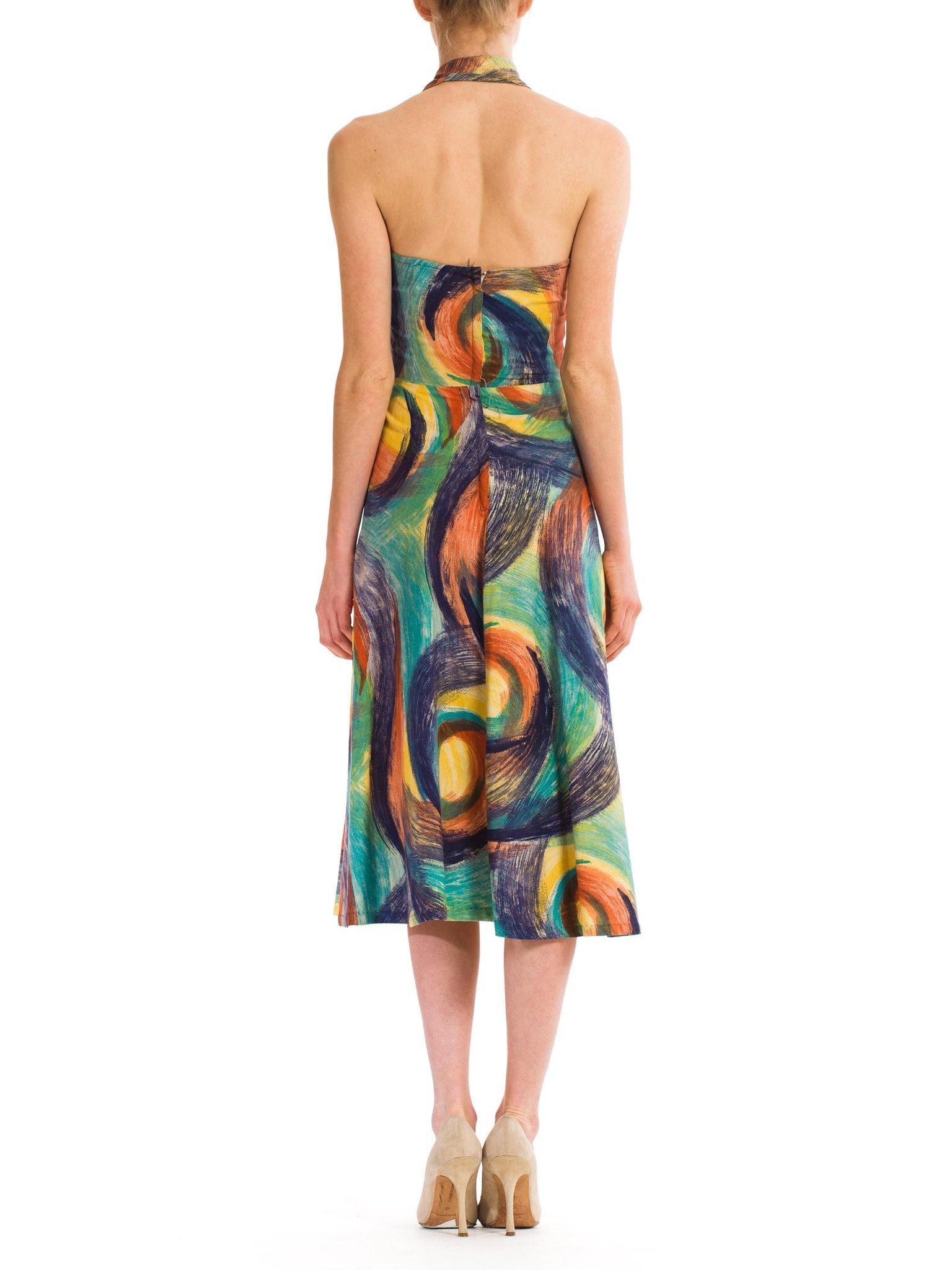 Robe à jupe circulaire dos nu dos nu en coton peint à la main multicolore, années 1950 en vente 5