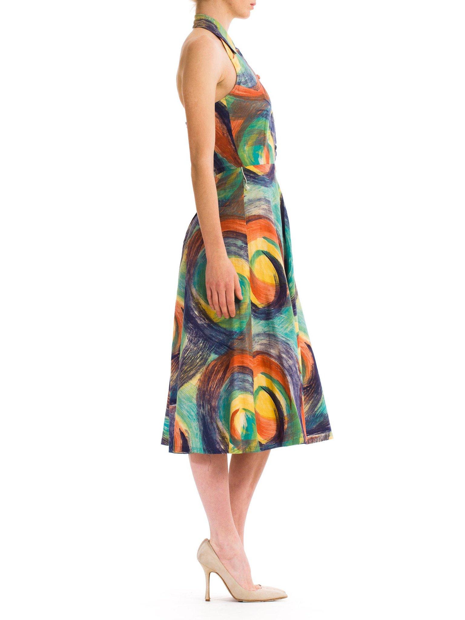 Robe à jupe circulaire dos nu dos nu en coton peint à la main multicolore, années 1950 en vente 1