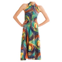 1950S Multicolor Hand Painted Cotton Backless Halter Circle Skirt Dress