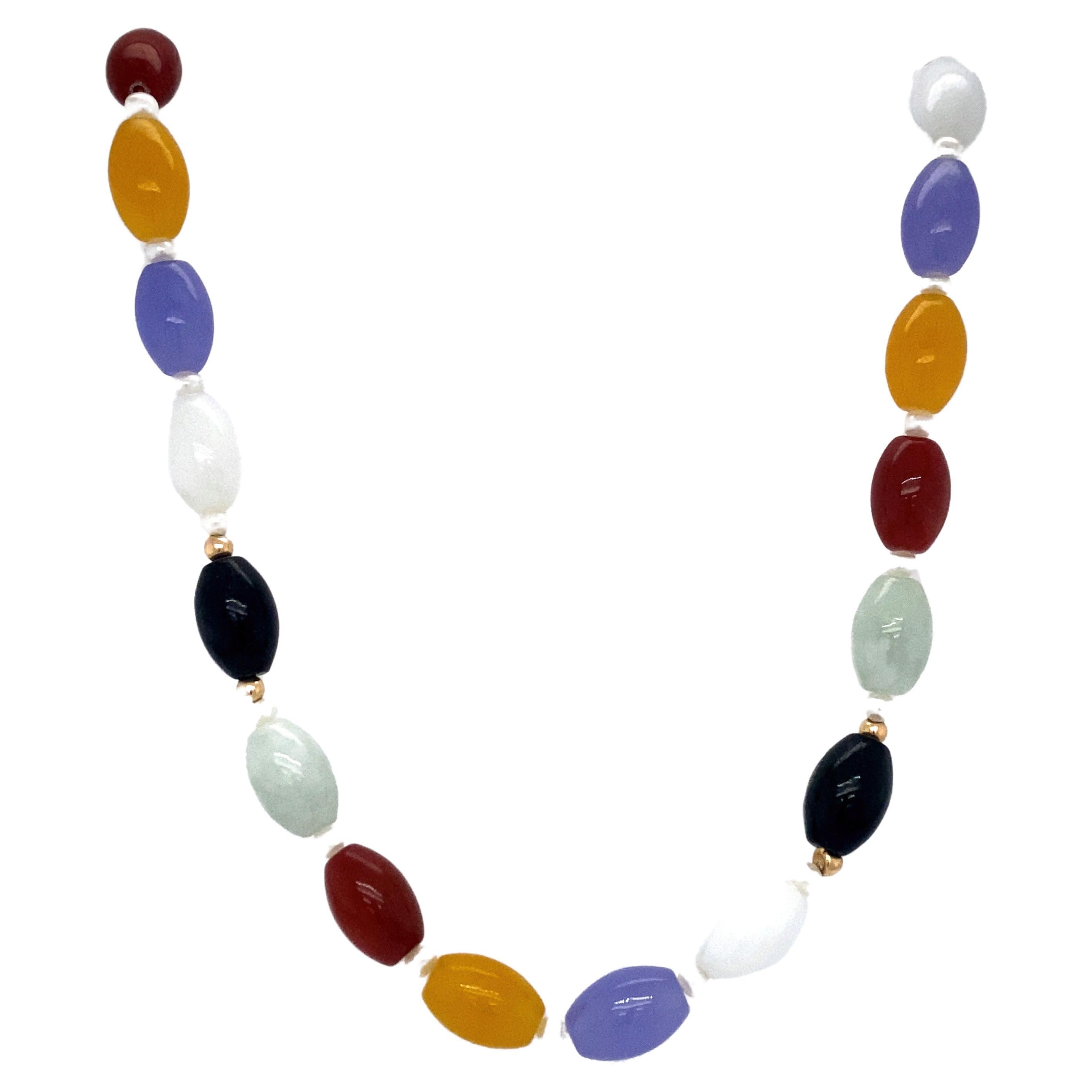 1950s Multicolored Jade Beaded Necklace with Pearls in 14 Karat Gold For Sale