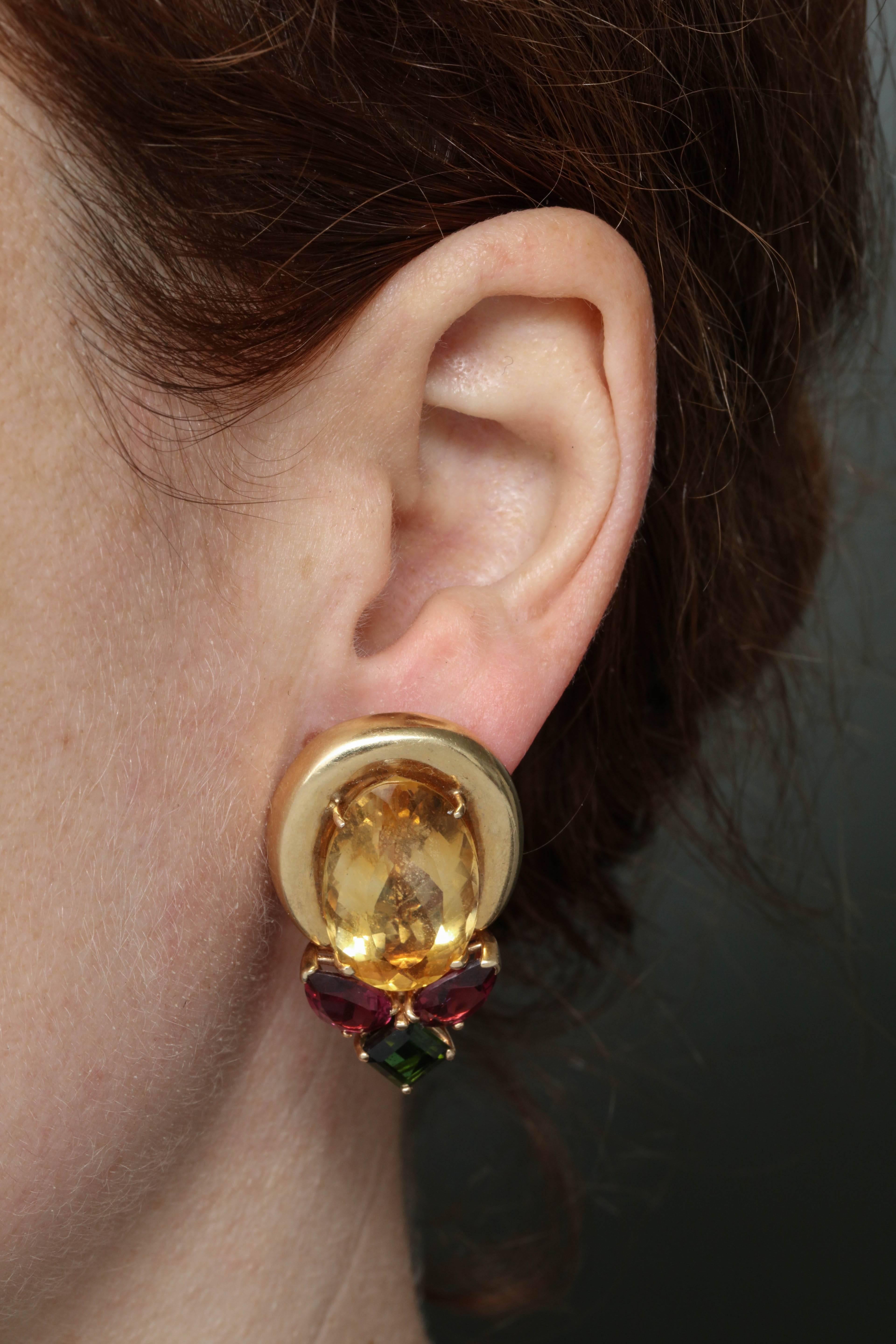 1950s Multicolored Stones with High Polish Gold Reversible Wear Pierced Earrings 6
