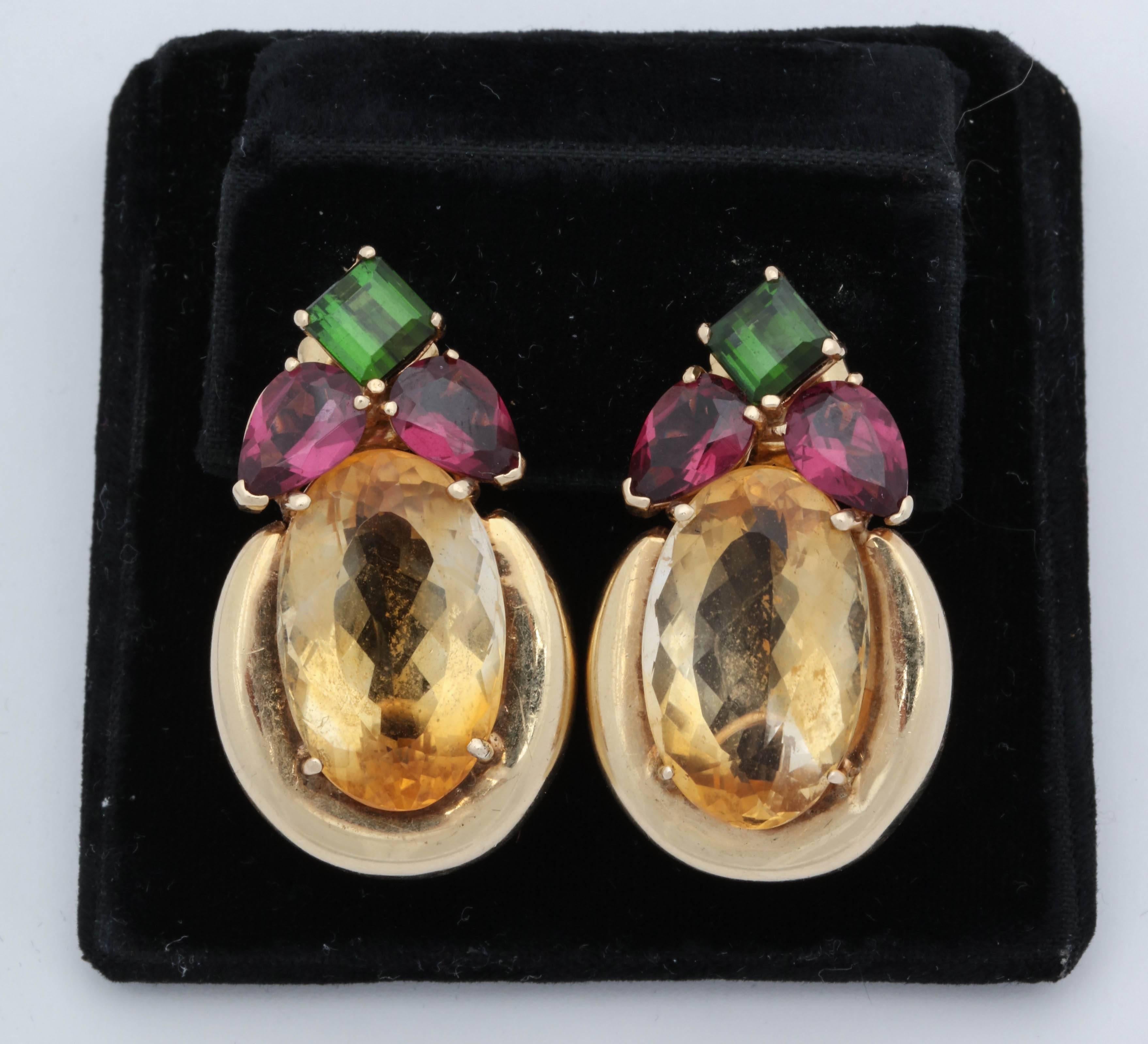 1950s Multicolored Stones with High Polish Gold Reversible Wear Pierced Earrings In Good Condition In New York, NY