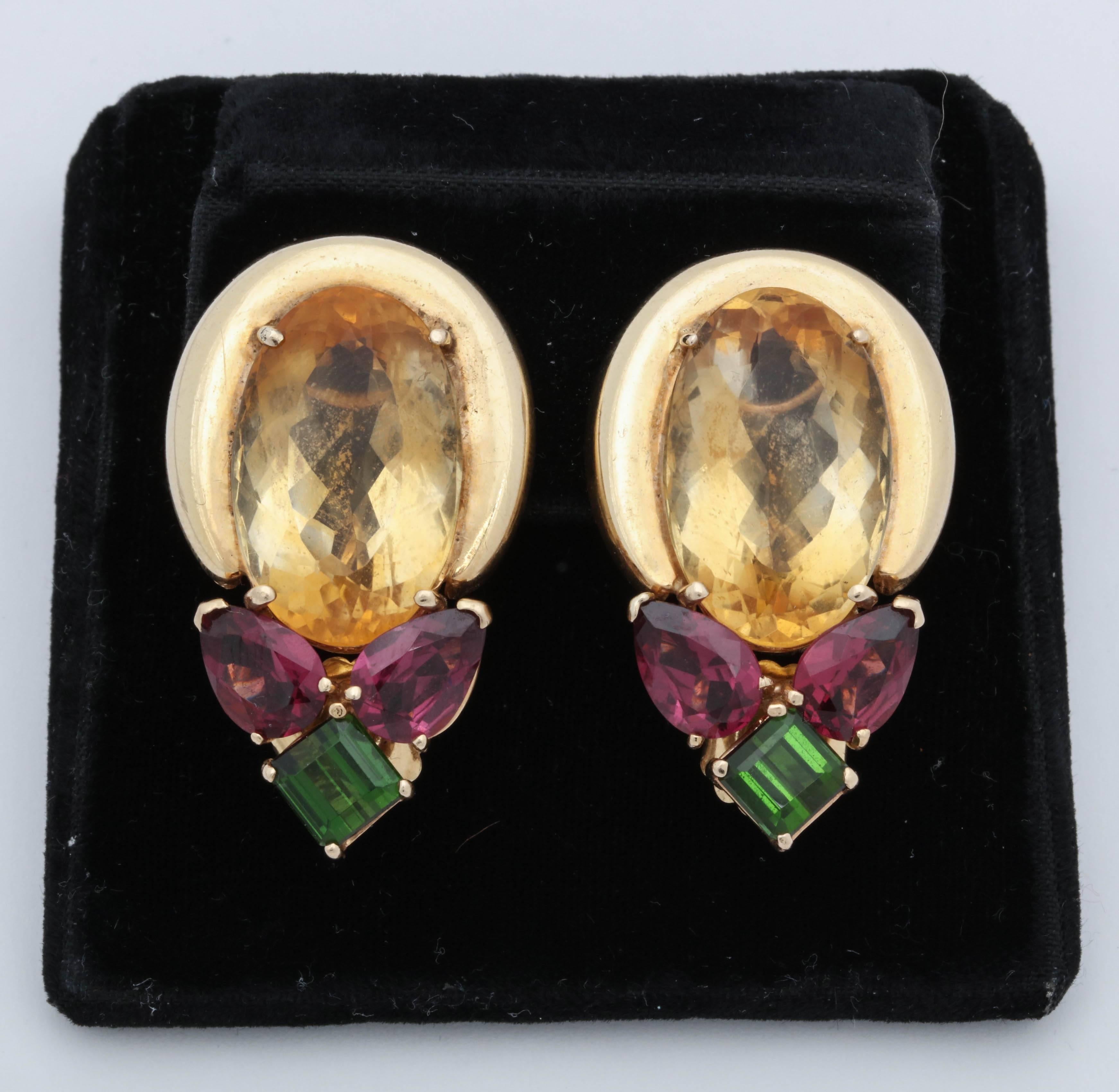 Women's 1950s Multicolored Stones with High Polish Gold Reversible Wear Pierced Earrings