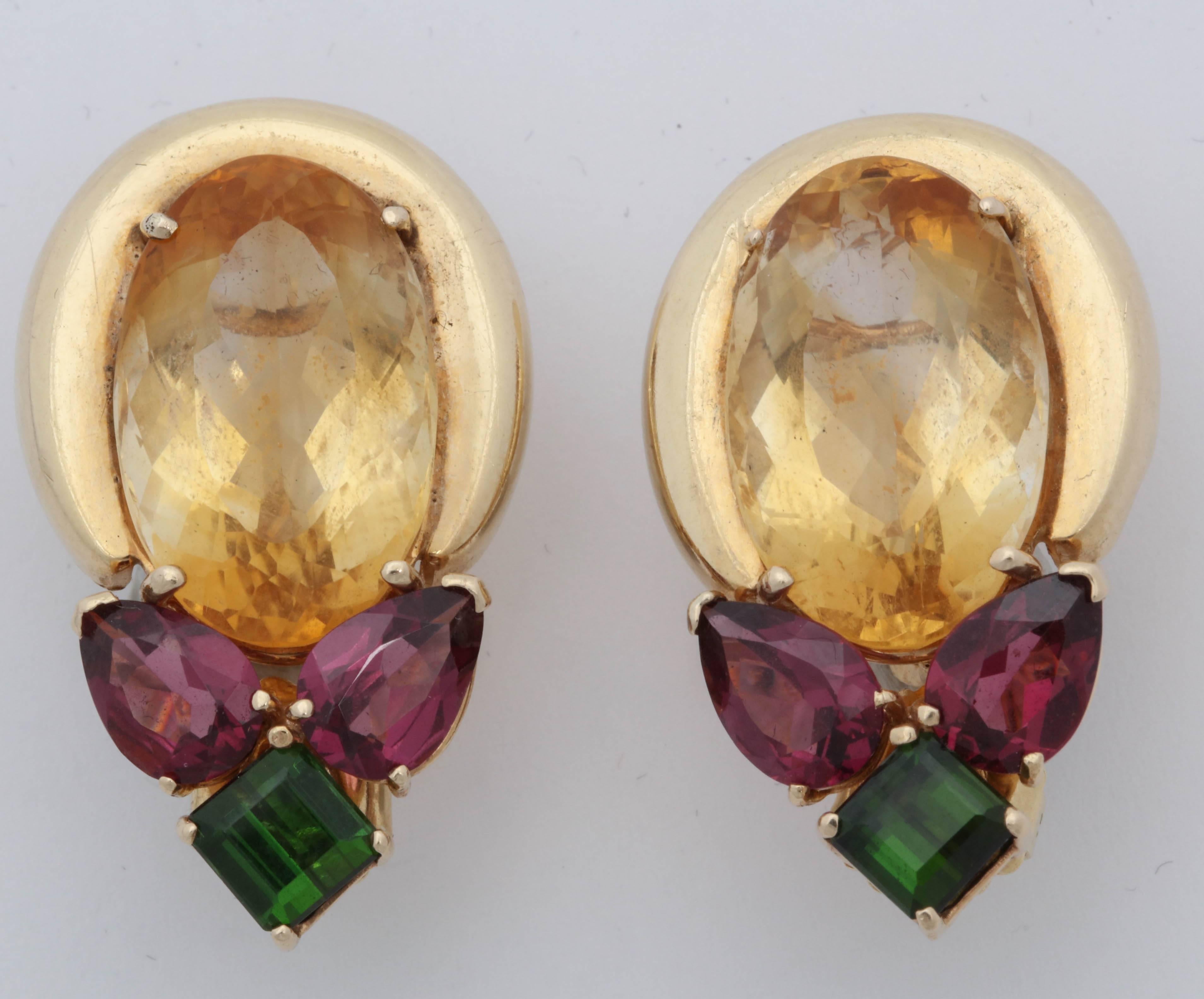 1950s Multicolored Stones with High Polish Gold Reversible Wear Pierced Earrings 2