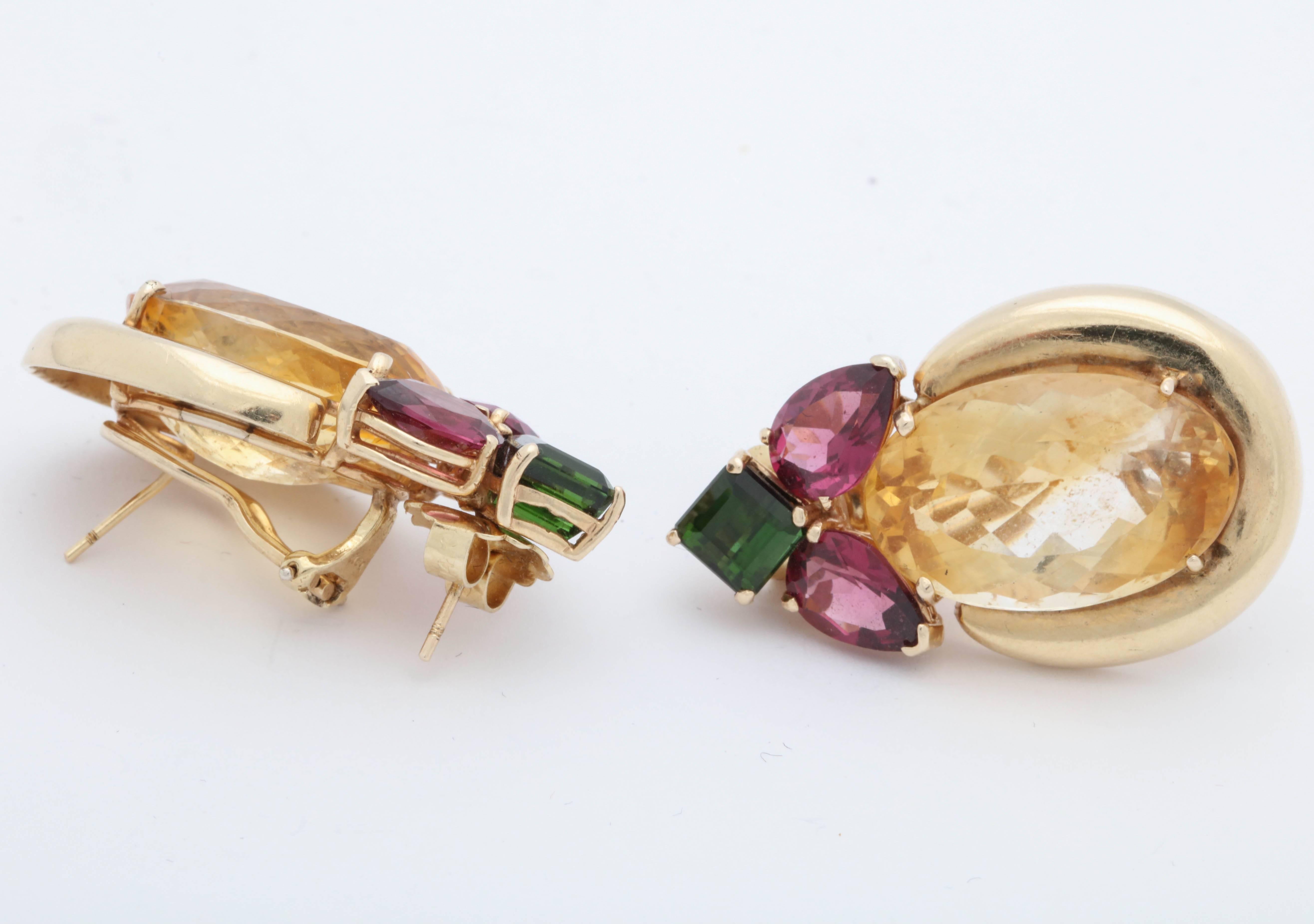 1950s Multicolored Stones with High Polish Gold Reversible Wear Pierced Earrings 4