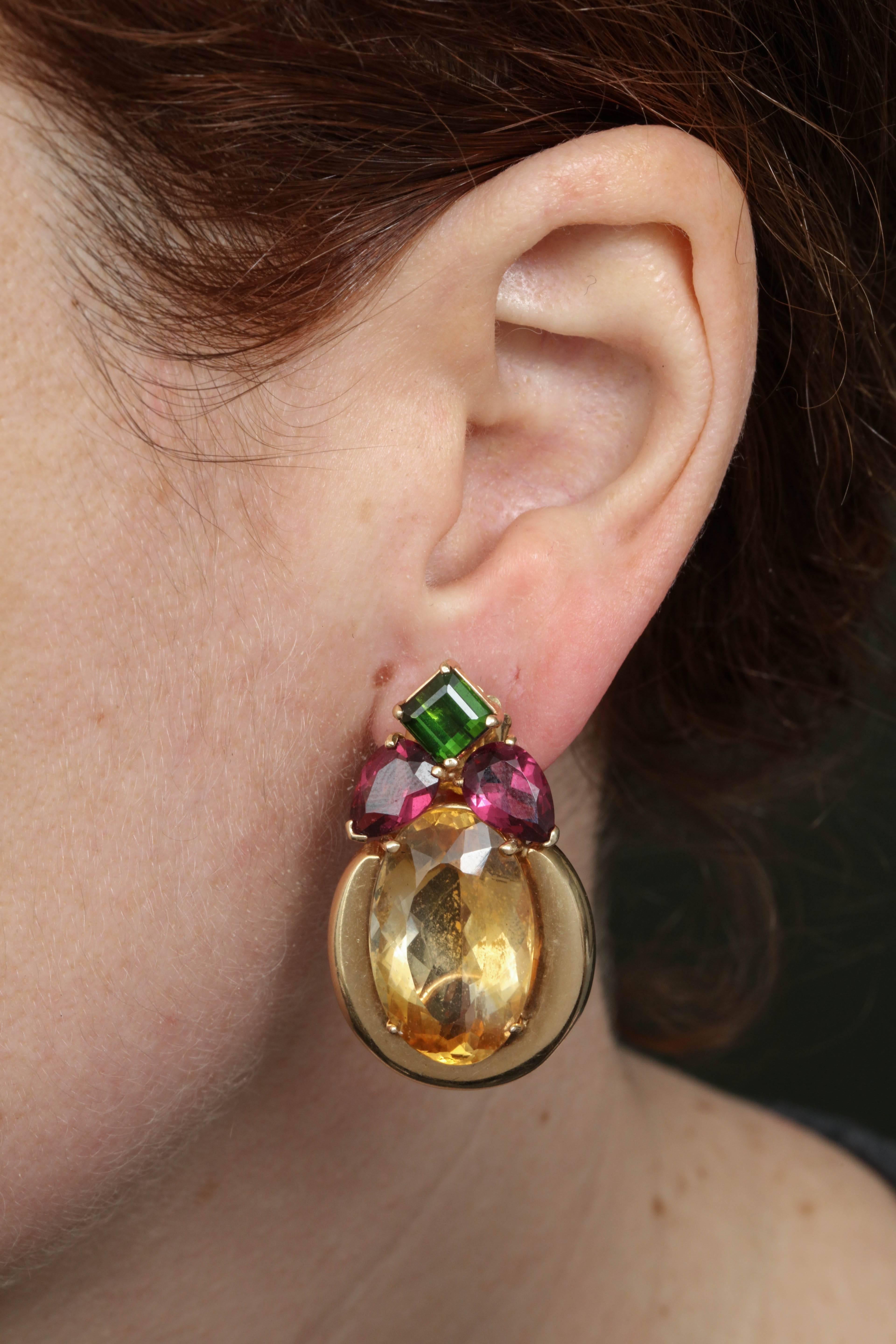 1950s Multicolored Stones with High Polish Gold Reversible Wear Pierced Earrings 5