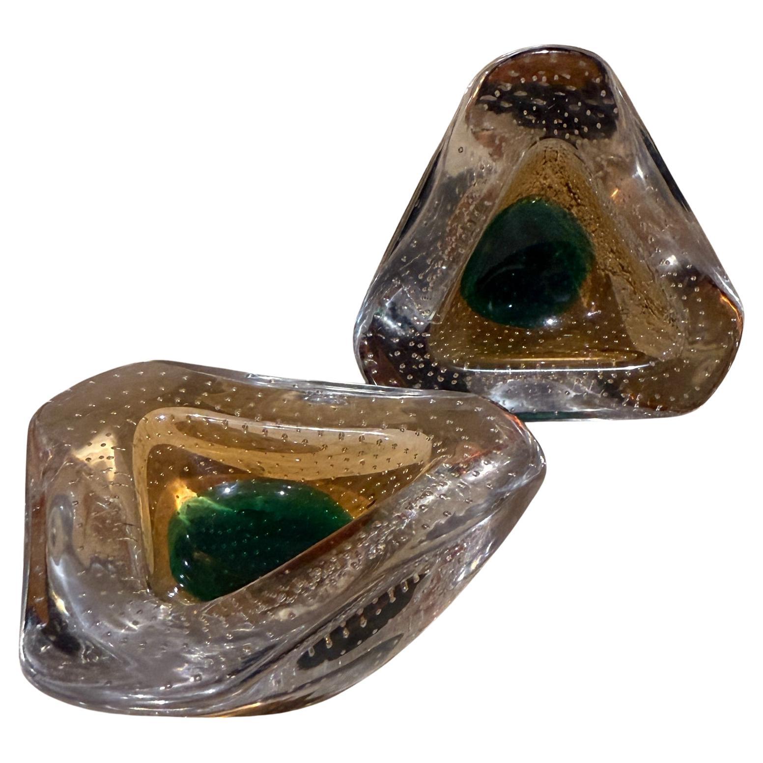 1950s Murano Art Glass Ashtray Pair Controlled Bubble Italy
