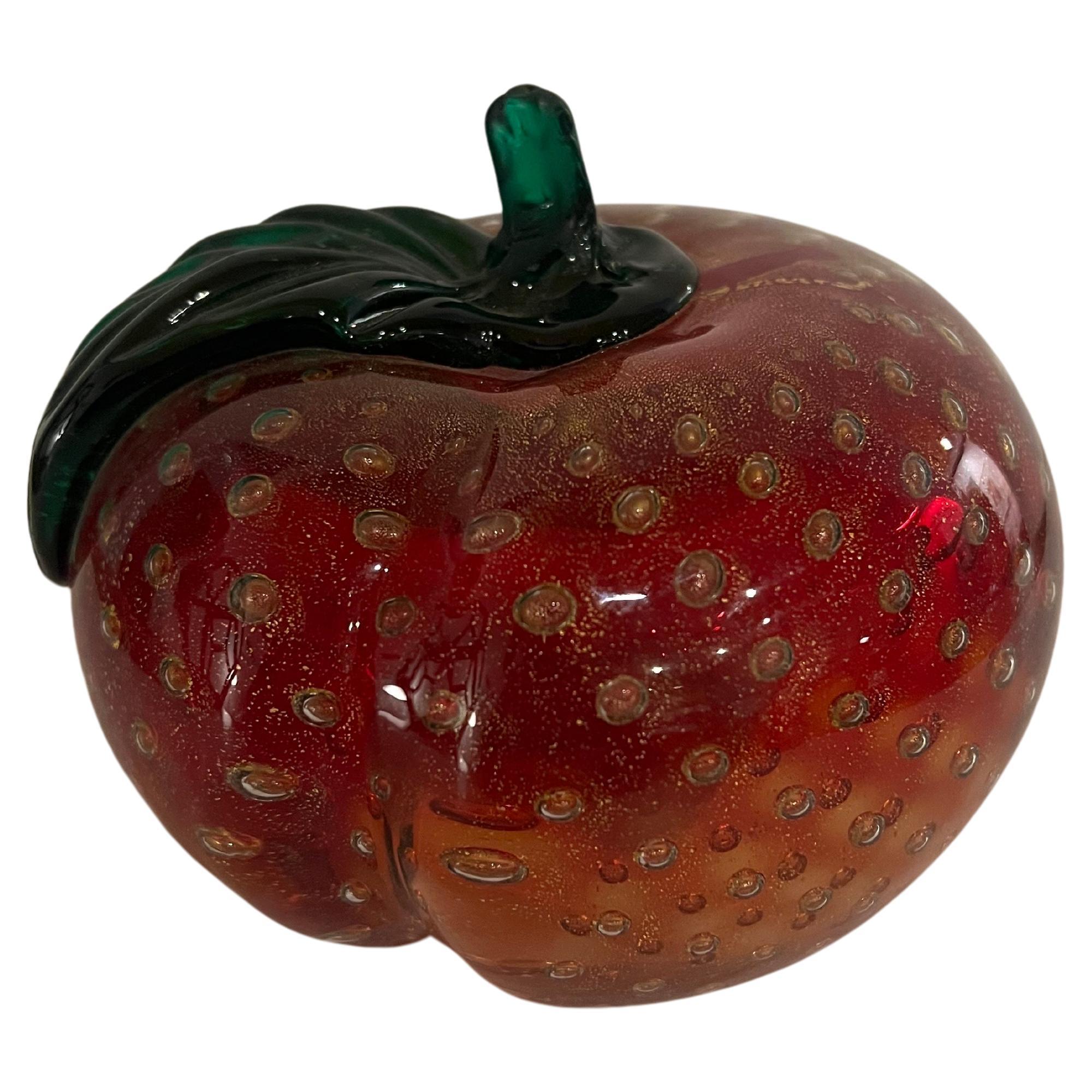Beautiful Italian Murano bubble grass red apple with green stem in excellent condition , no chips or cracks.