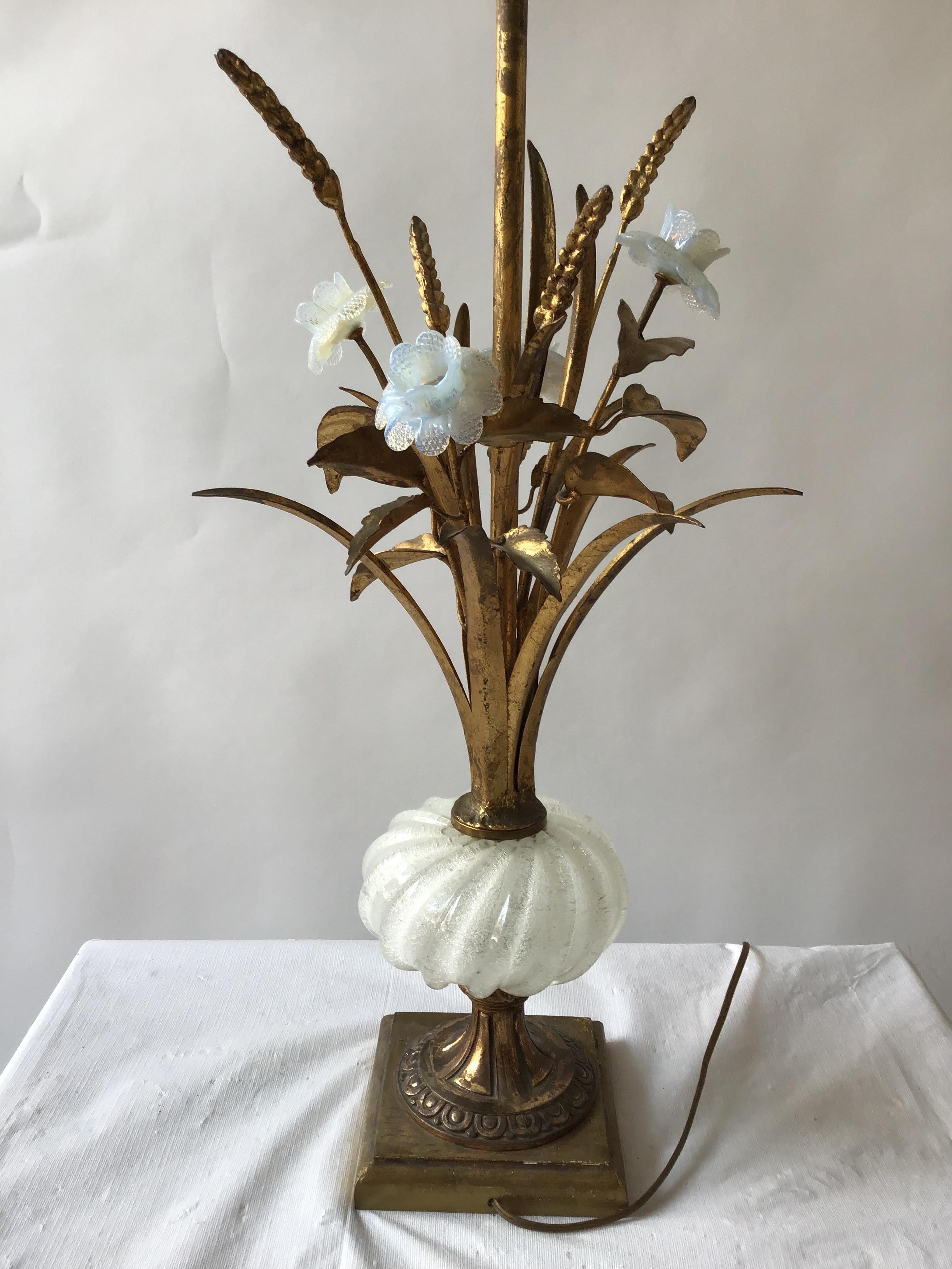 1950s Murano glass floral table lamp. Giltwood base, gilt metal leaves, marked made in Italy.