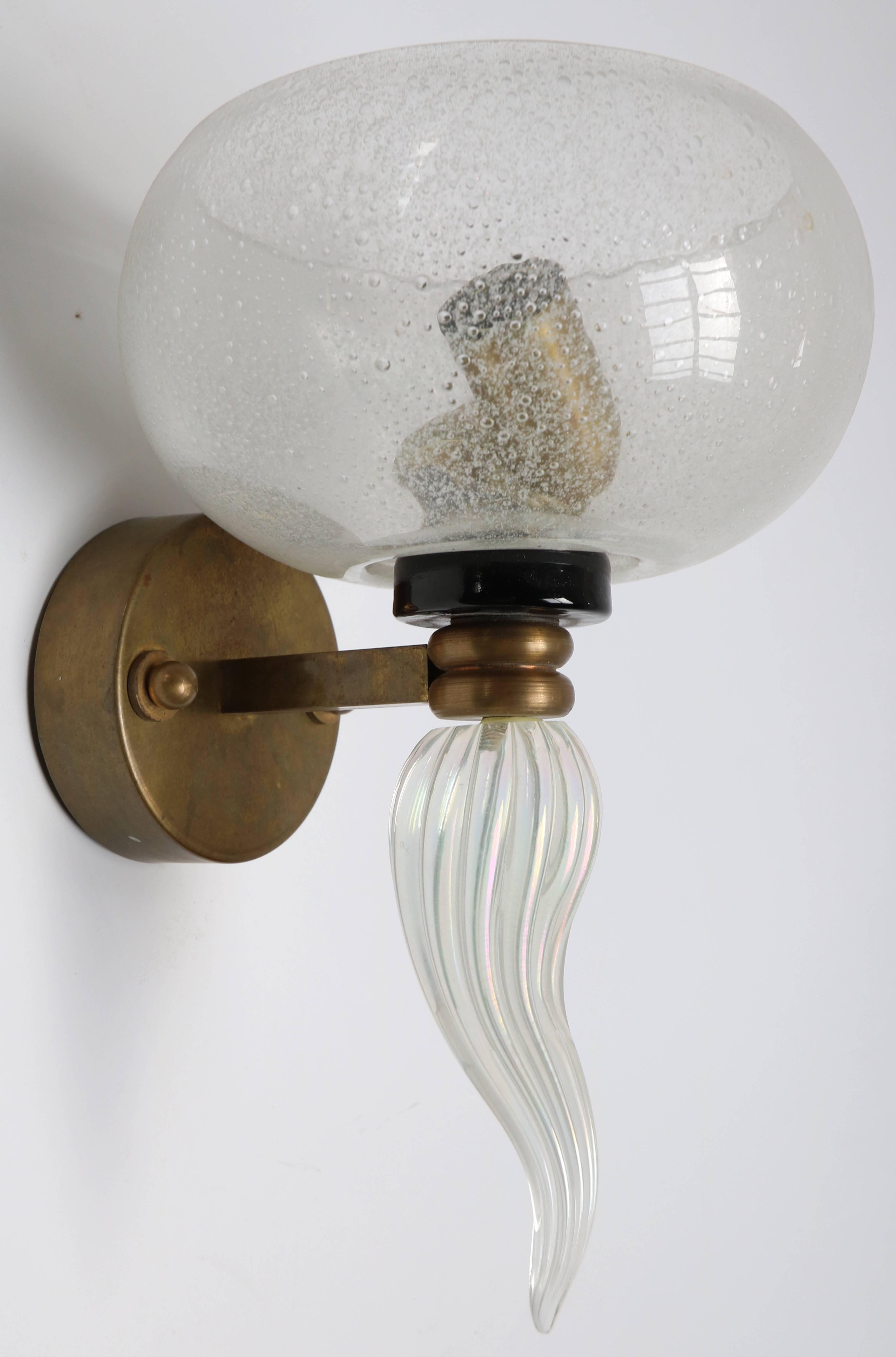 Mid-Century Modern 1950s Murano Clear Glass and Brass Sconce