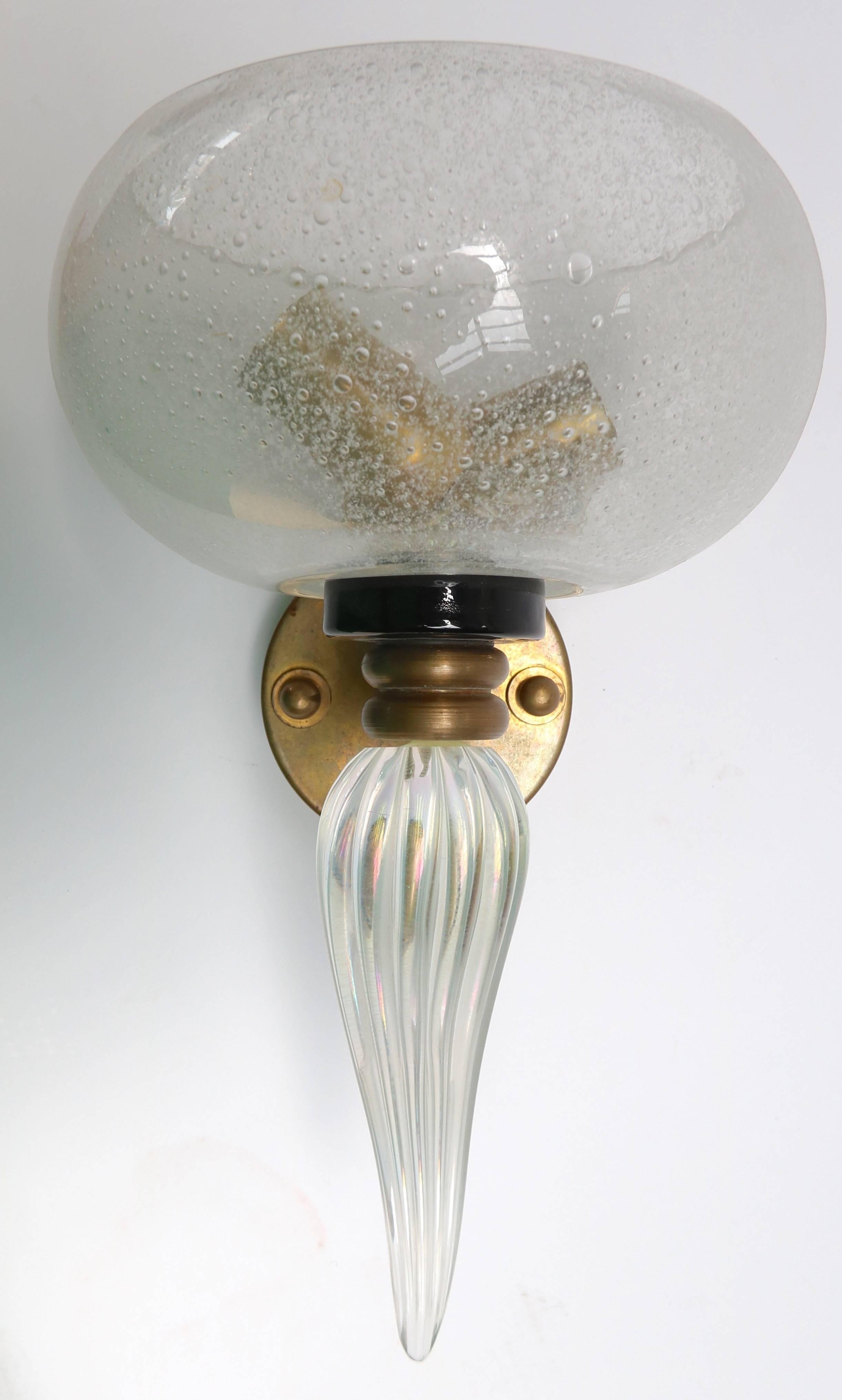 Italian 1950s Murano Clear Glass and Brass Sconce