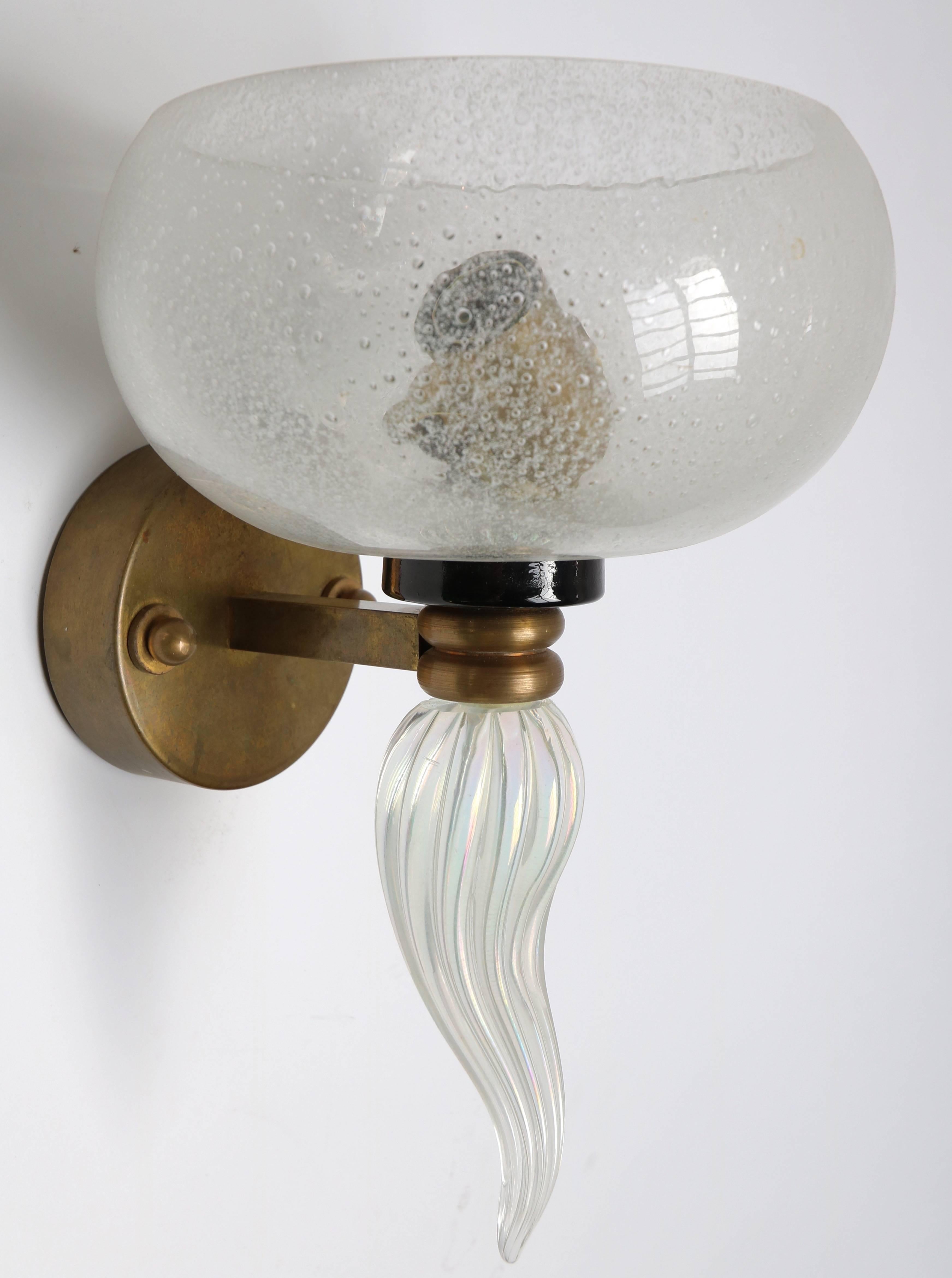 Mid-20th Century 1950s Murano Clear Glass and Brass Sconce