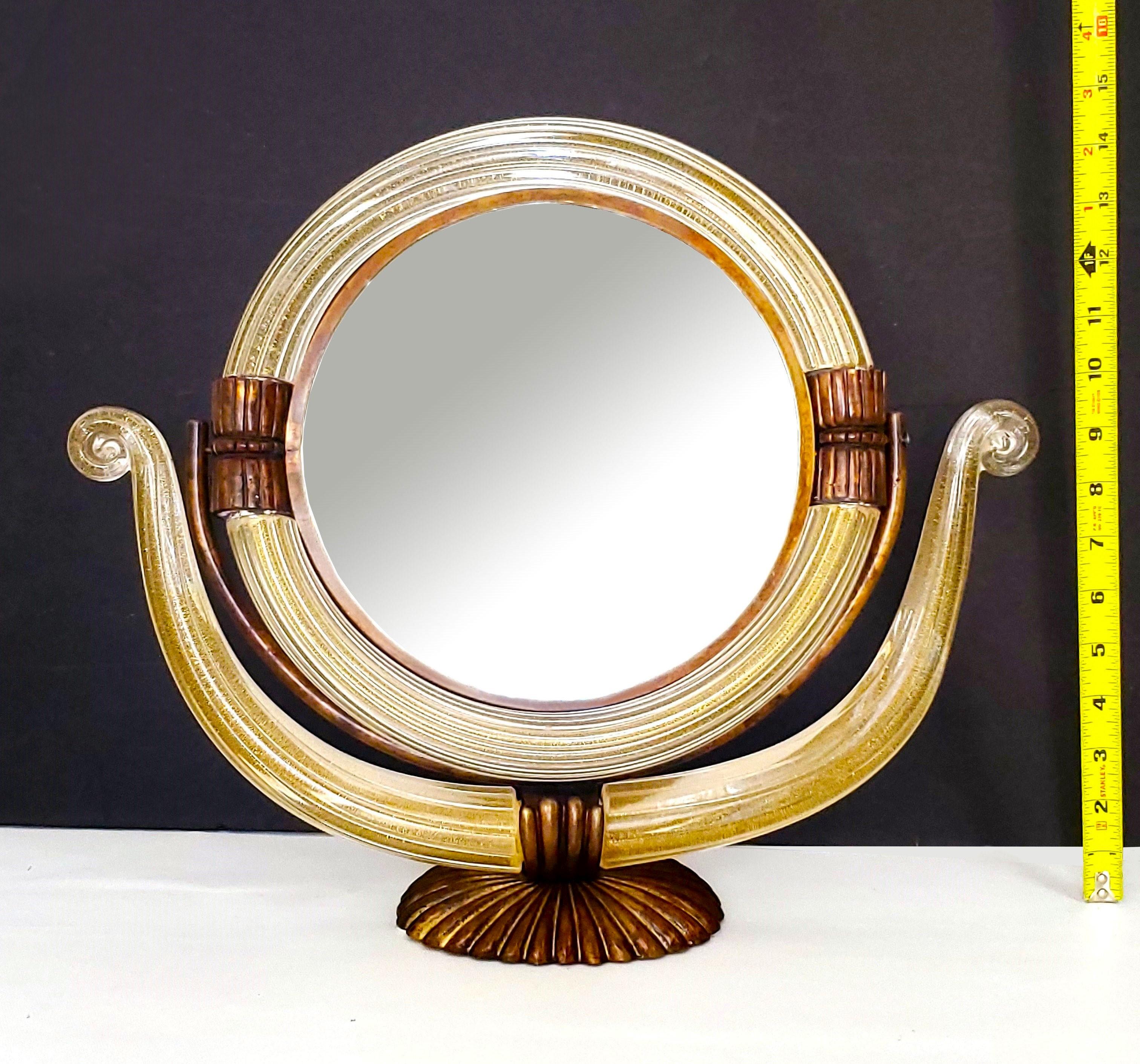 1950s Murano Glass Vanity Table Mirror With 24 Karat Gold Dust and Bronze Frame  For Sale 5