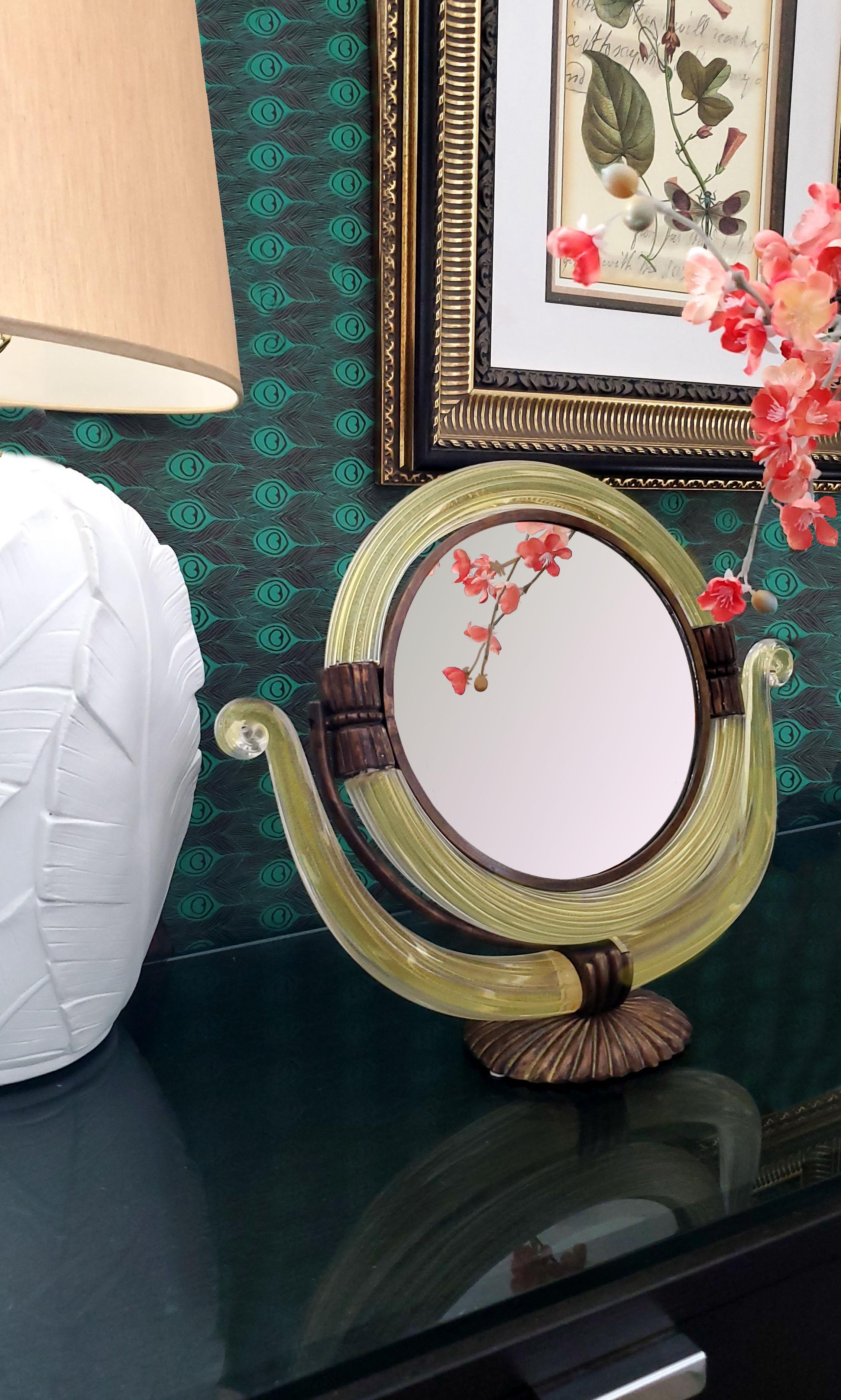 1950s Murano Glass Vanity Table Mirror With 24 Karat Gold Dust and Bronze Frame  For Sale 6