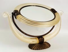 1950s Murano Glass Vanity Table Mirror With 24 Karat Gold Dust and Bronze Frame