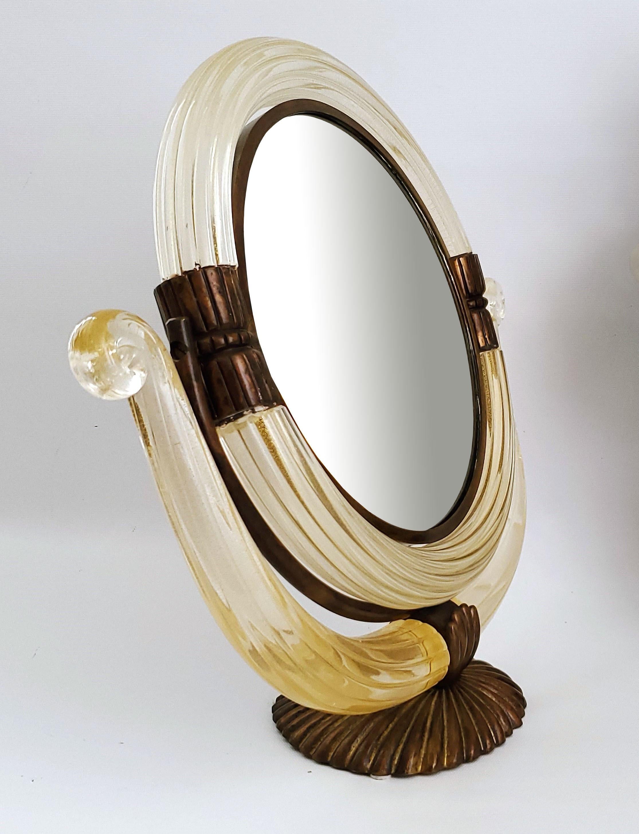 Art Deco 1950s Murano Glass Vanity Table Mirror With 24 Karat Gold Dust and Bronze Frame  For Sale