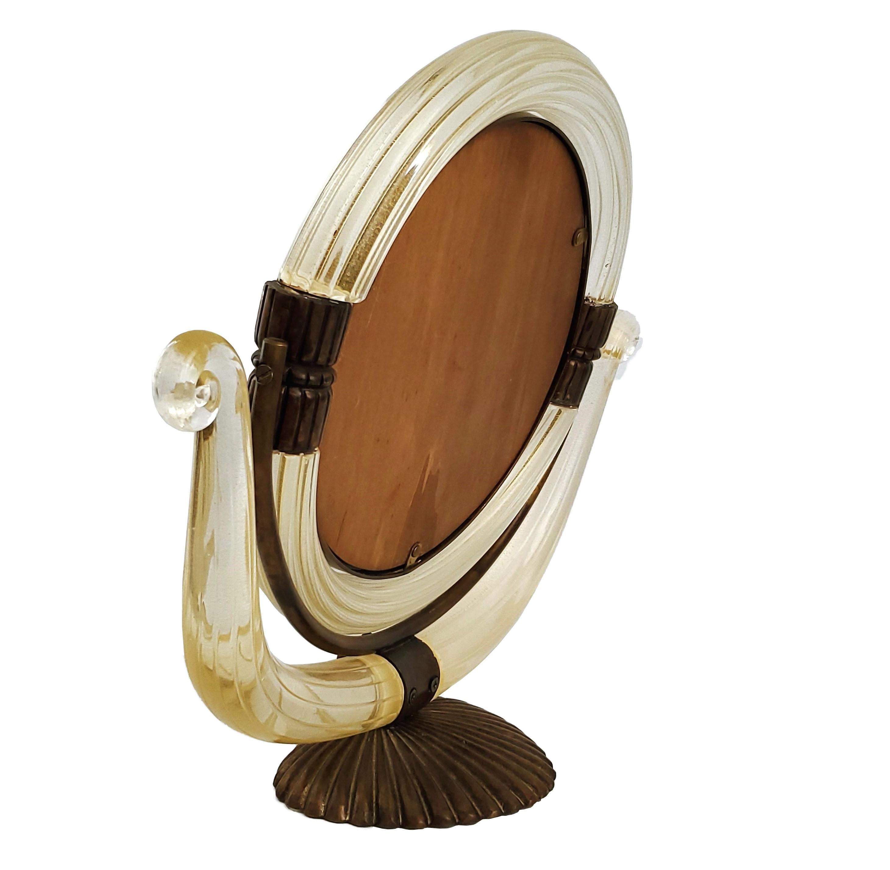 1950s Murano Glass Vanity Table Mirror With 24 Karat Gold Dust and Bronze Frame  For Sale 2