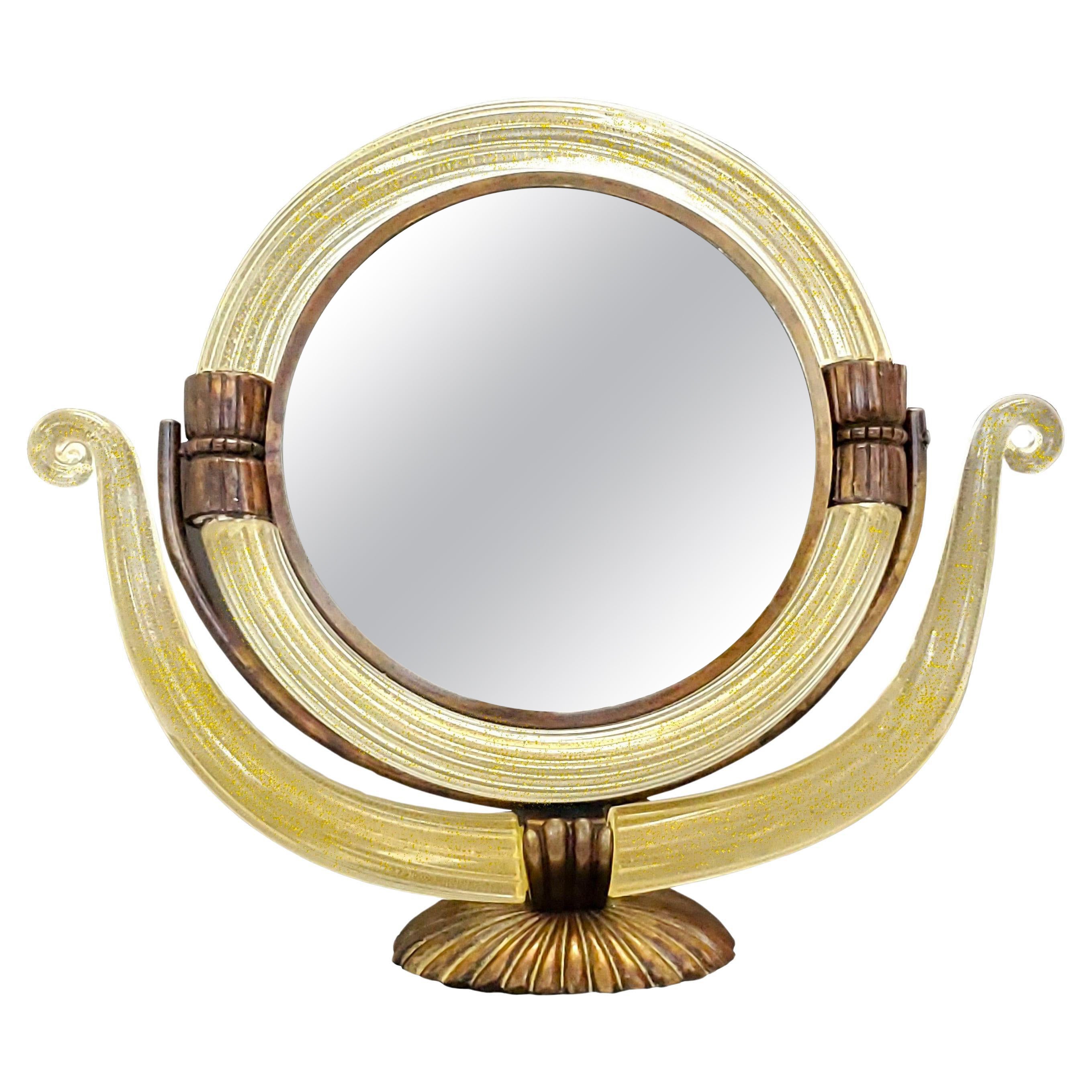 1950s Murano Glass Vanity Table Mirror With 24 Karat Gold Dust and Bronze Frame For Sale