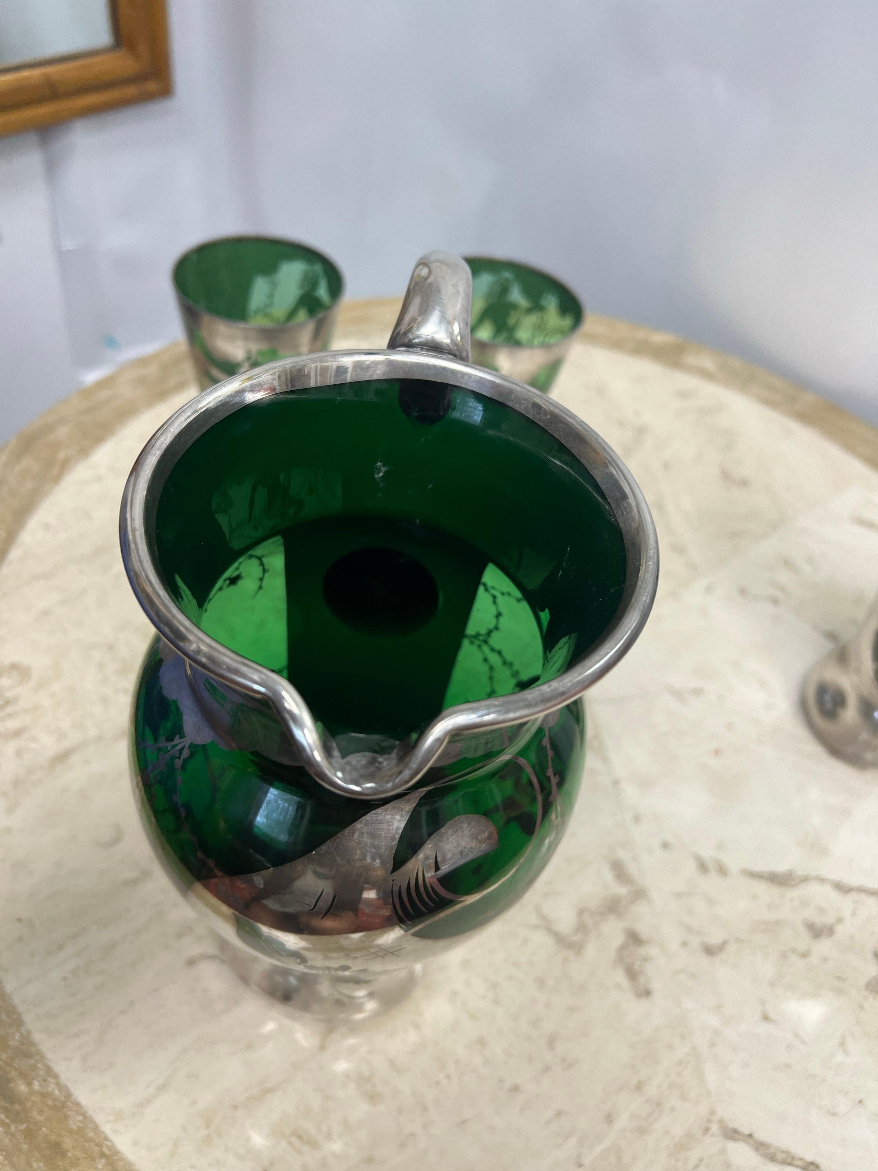 1950’s Murano Green Glassware and Pitcher With Silver Overlay - a Set of 4 For Sale 4