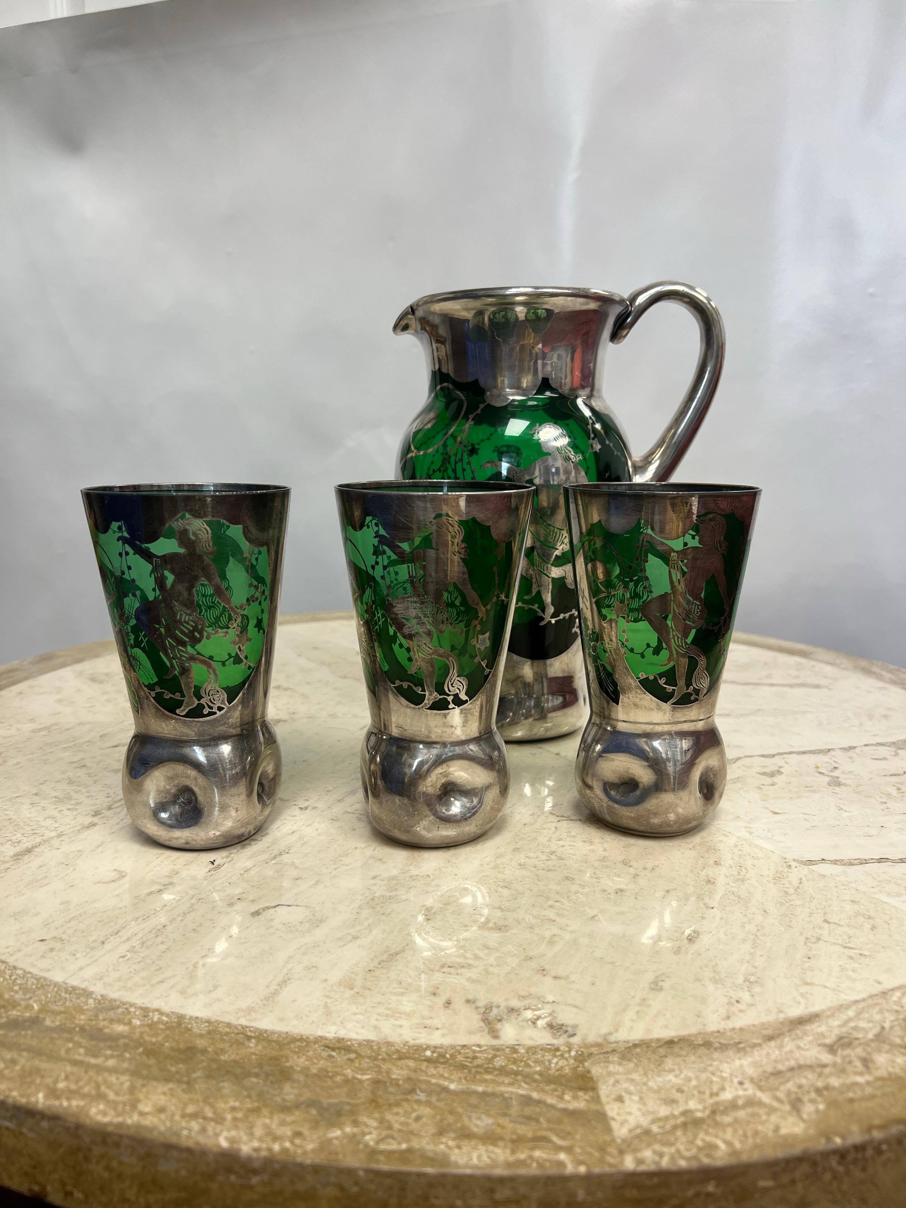 1950’s Murano Green Glassware and Pitcher With Silver Overlay - a Set of 4 For Sale 5