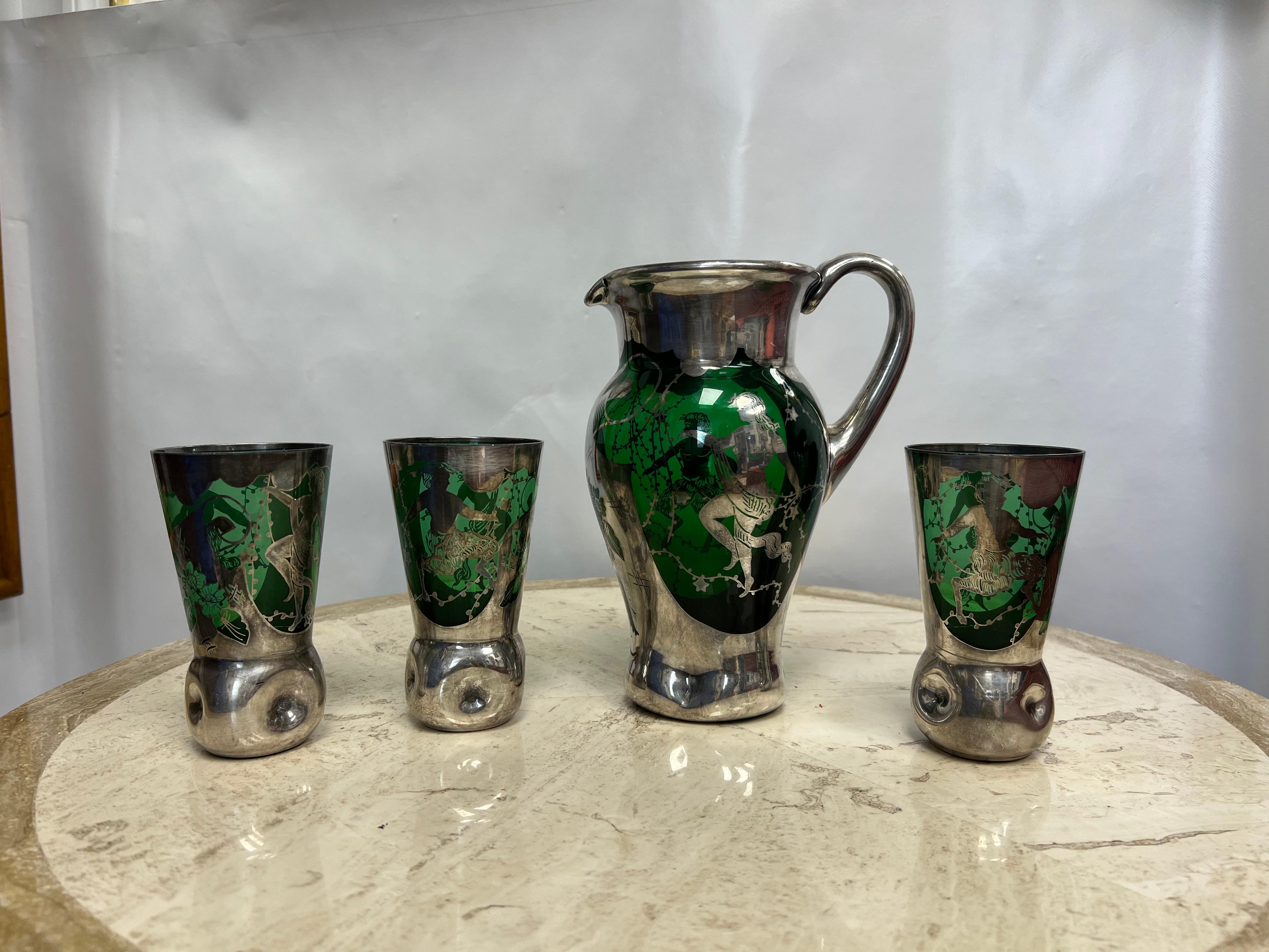 1950’s Murano Green Glassware and Pitcher With Silver Overlay - a Set of 4 For Sale 6
