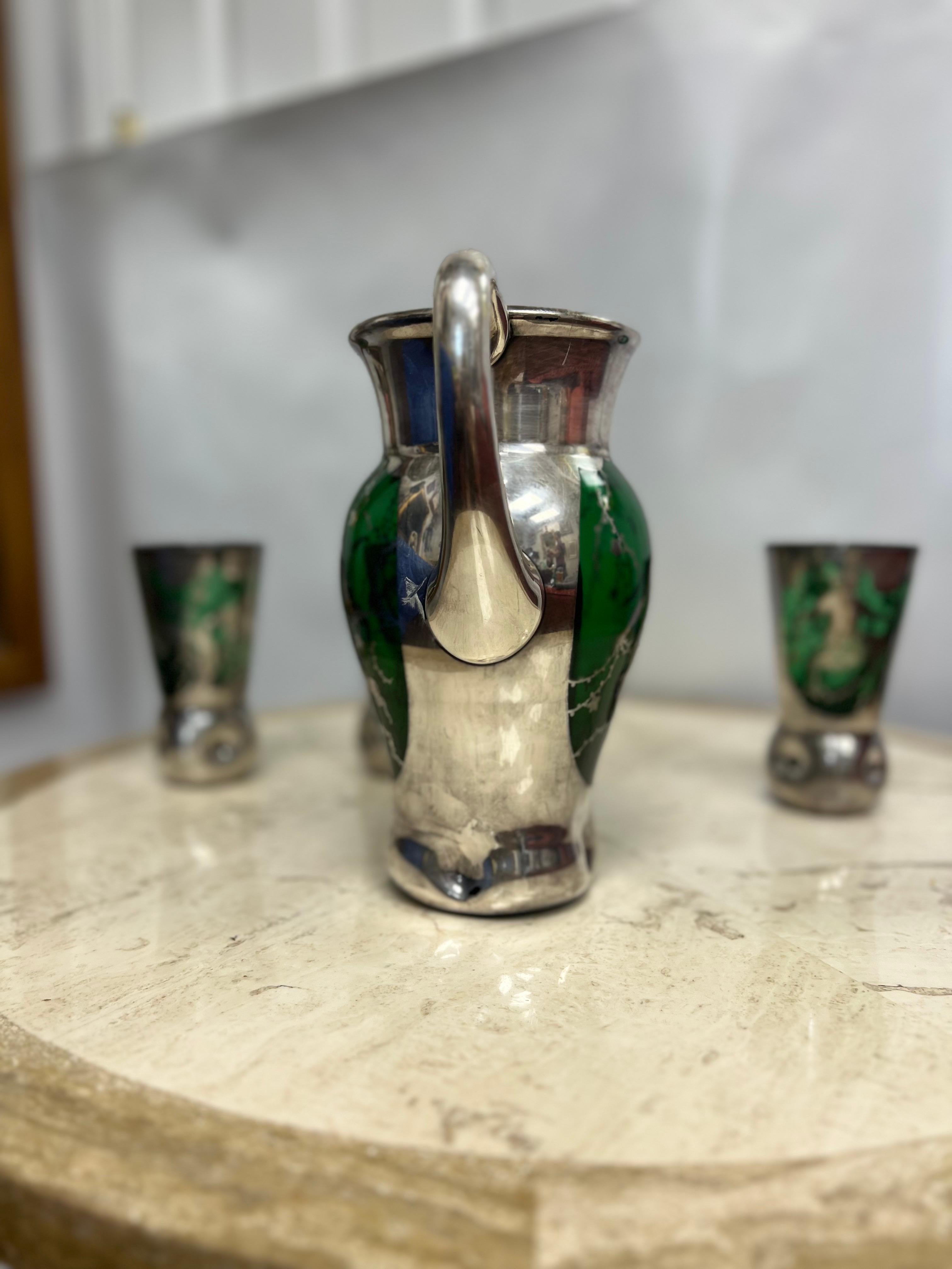 Hollywood Regency 1950’s Murano Green Glassware and Pitcher With Silver Overlay - a Set of 4 For Sale
