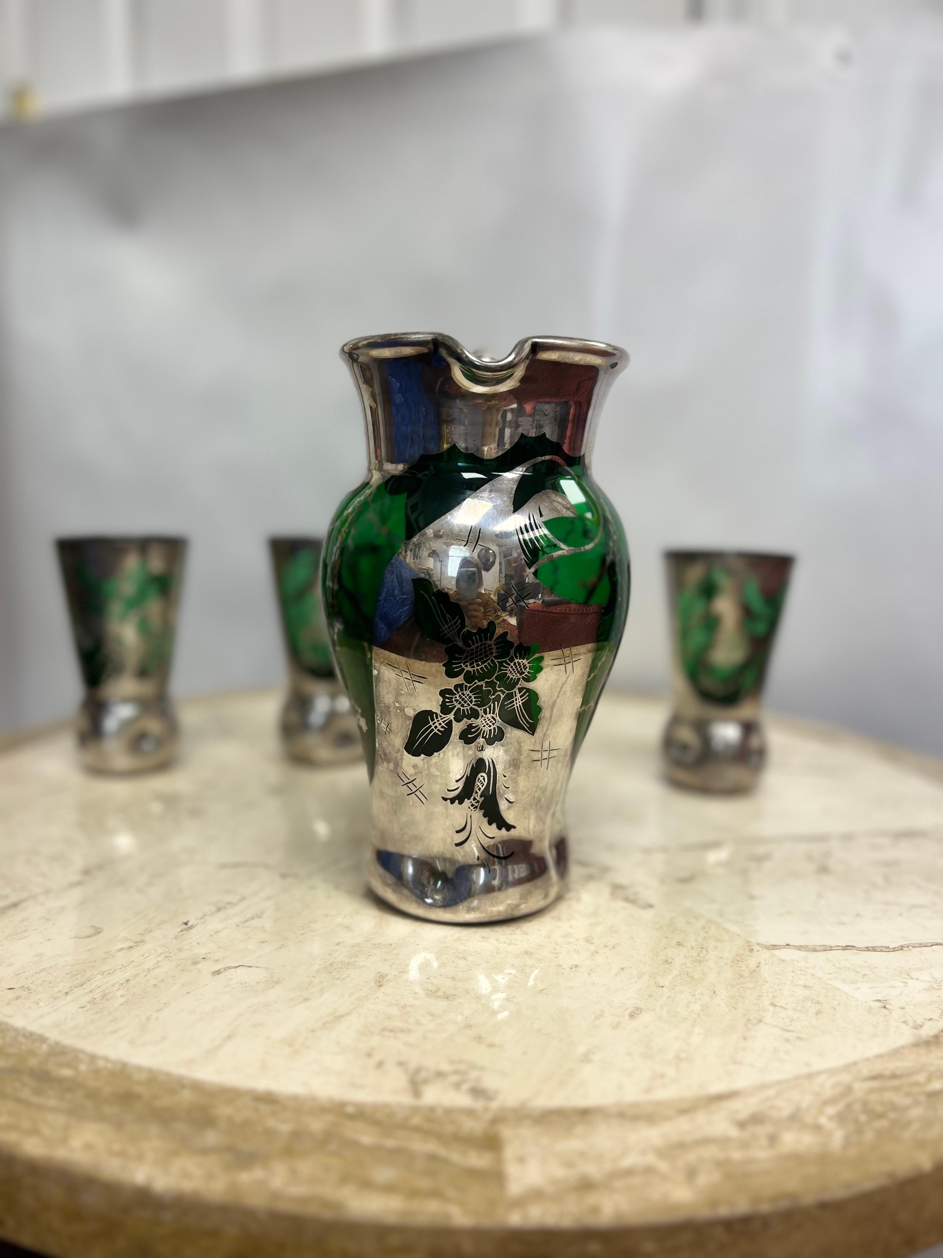 Italian 1950’s Murano Green Glassware and Pitcher With Silver Overlay - a Set of 4 For Sale