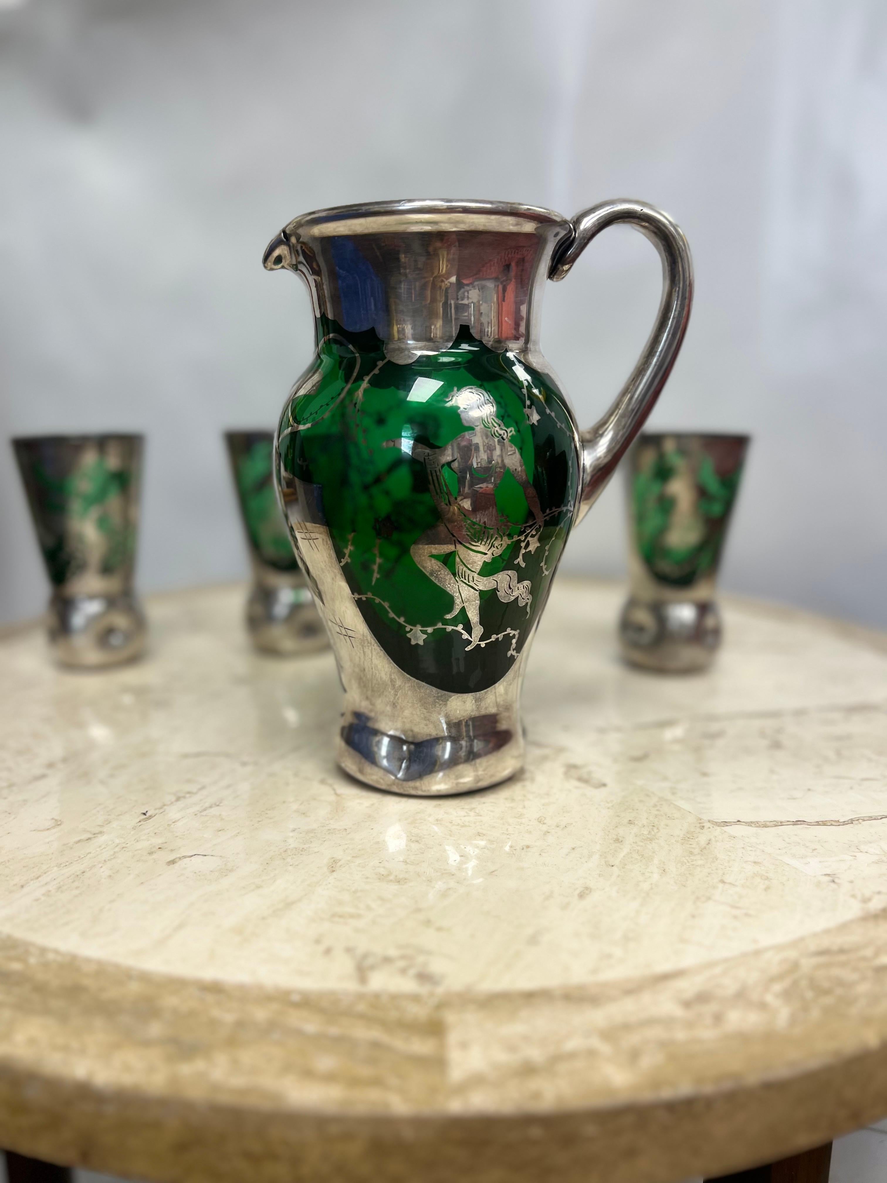 1950’s Murano Green Glassware and Pitcher With Silver Overlay - a Set of 4 For Sale 2