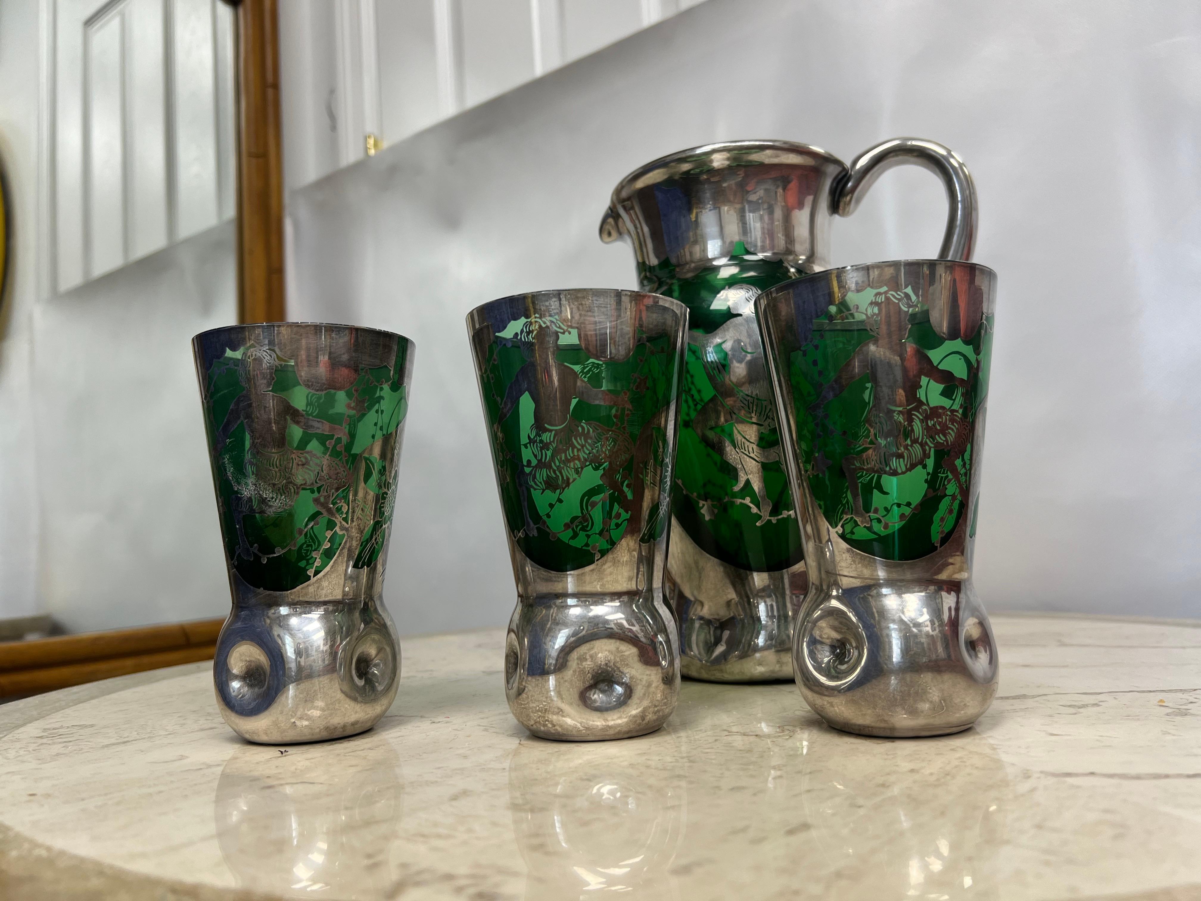 1950’s Murano Green Glassware and Pitcher With Silver Overlay - a Set of 4 For Sale 3