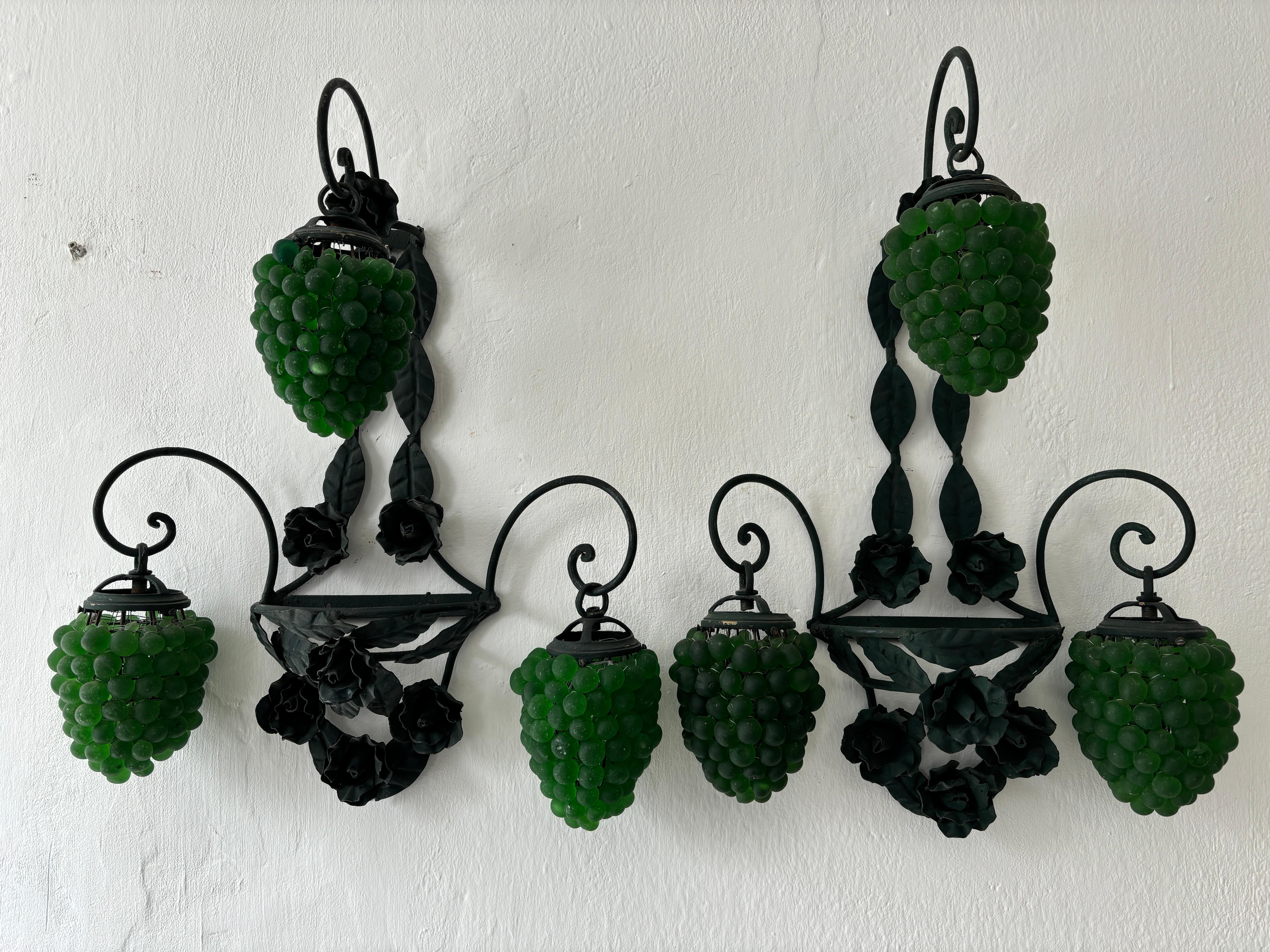 Housing 3 lights each, sitting in a basket of green Murano small grape drops. Will be rewired with certified UL US sockets for the USA and certified sockets for other countries and ready to hang. Each drop is secured separately to a cone like frame.