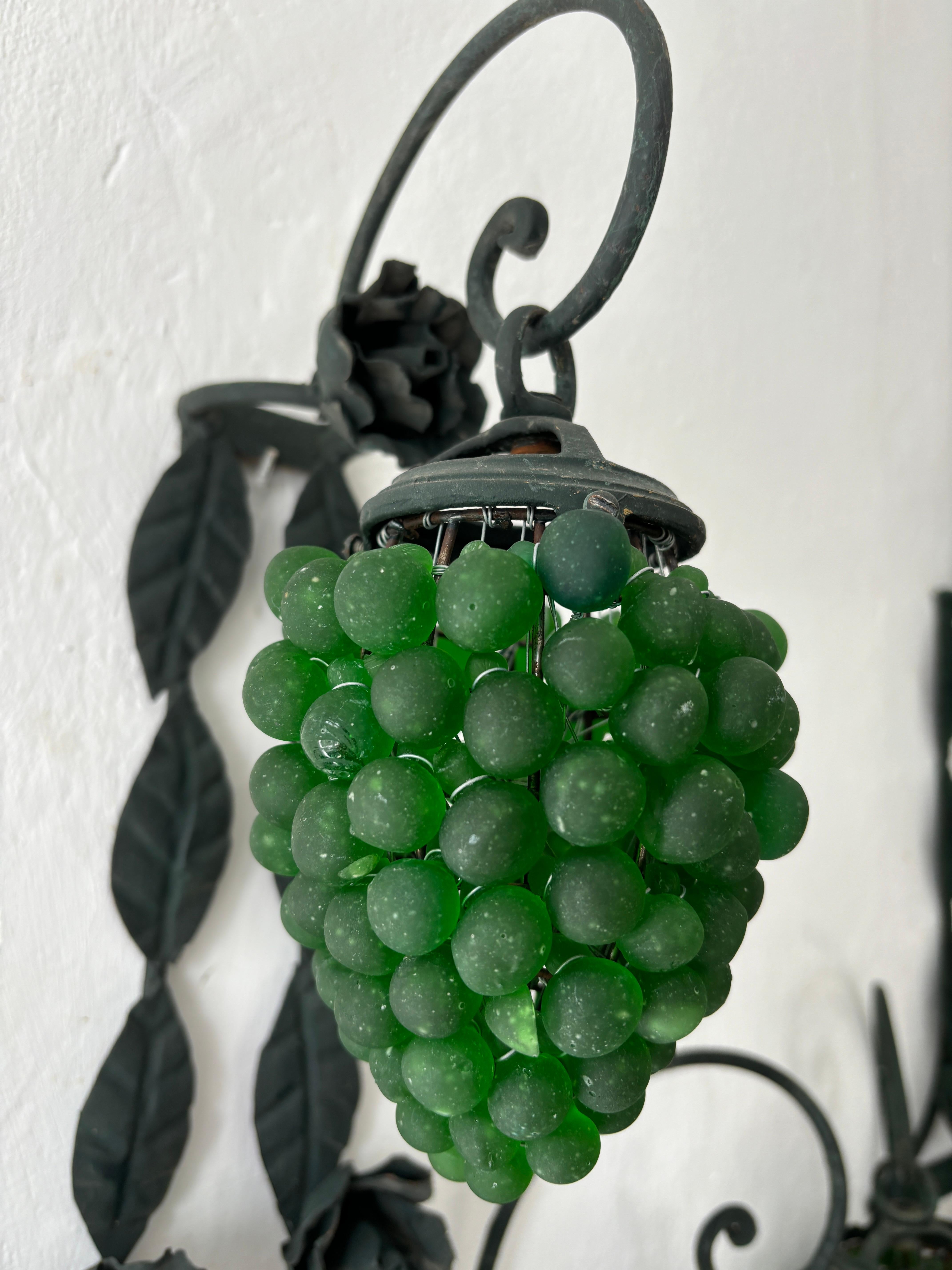 Mid-20th Century 1950s Murano Huge 3 Lights Green Grape Sconces Roses Rare For Sale
