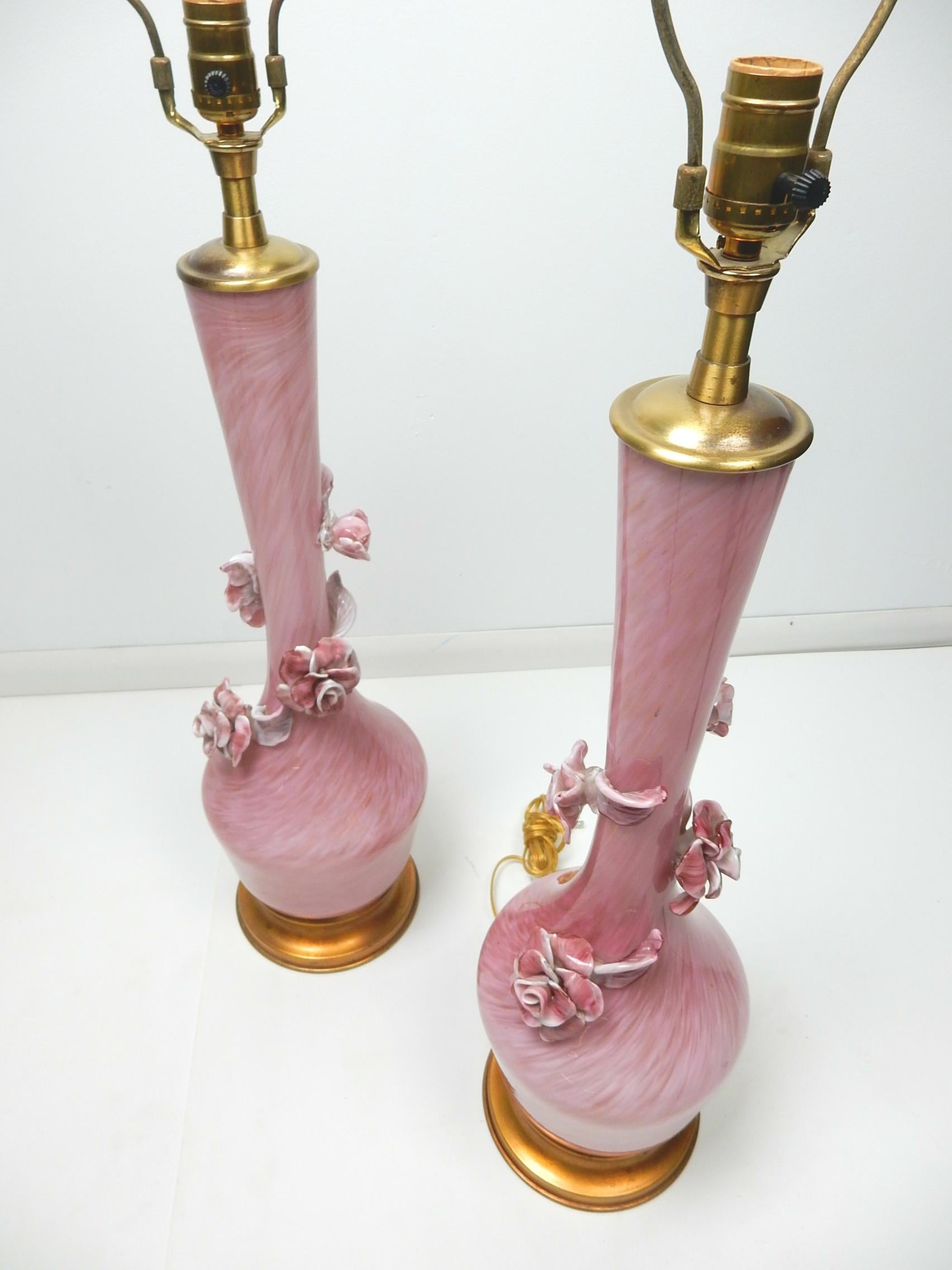 Gorgeous pair of swirling pink and gold fleck art glass lamps from Italy
by The Marbro Lamp Company. Recently rewired and ready for use, 
circa 1950s.