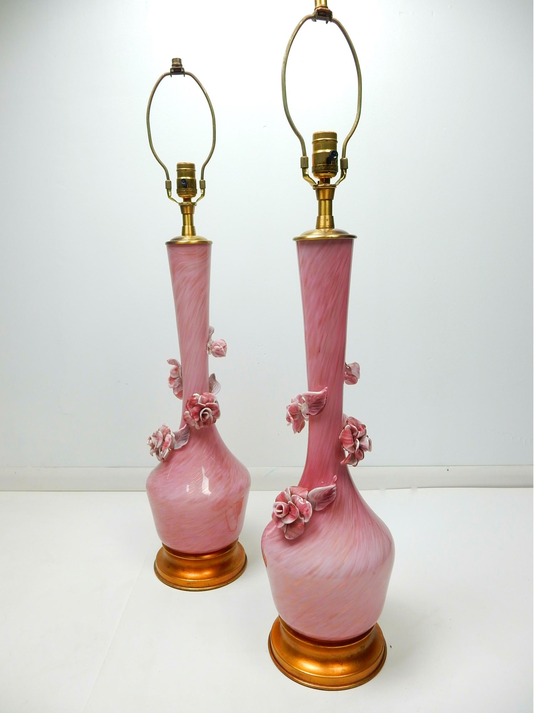 1950s Murano, Italy Pink and Gold Swirl Art Glass Lamps by Marbro 1