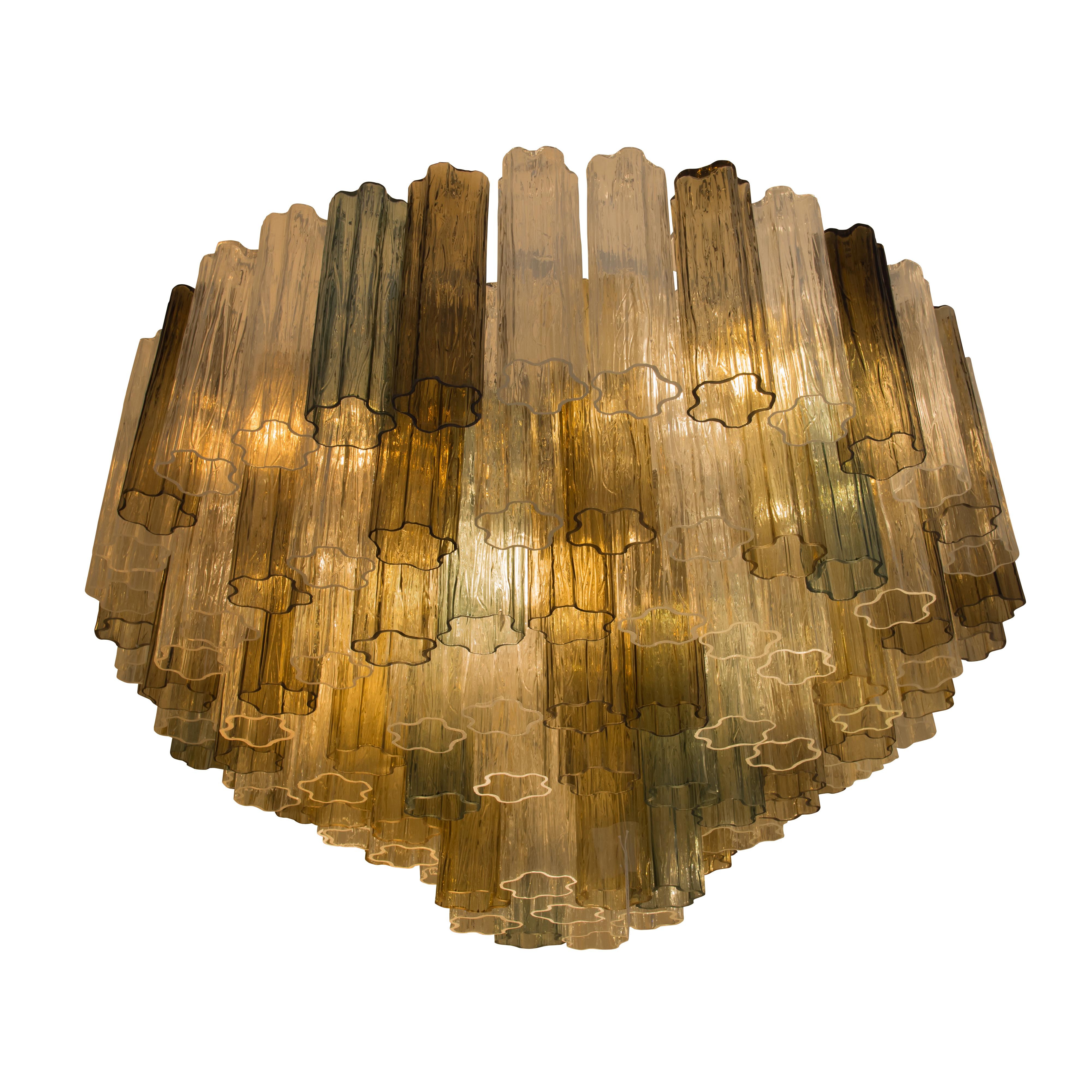 Mid-Century Modern 1950s Murano Tronchi Ceiling Light Clear Smoked Amber Blown Glass Components