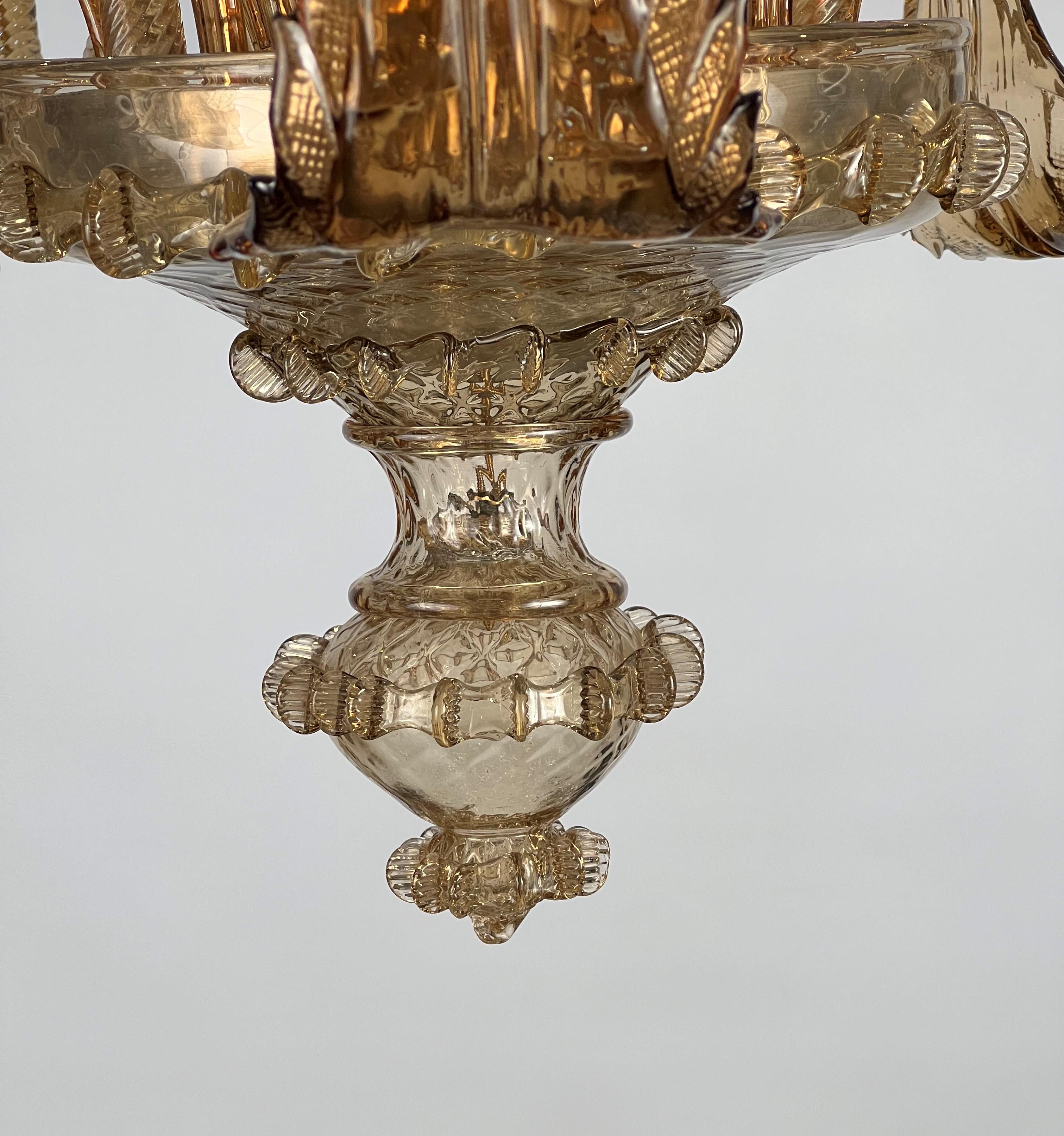 1950s Murano Venetian Amber Glass Chandelier In Good Condition For Sale In Denver, CO