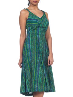 1950S Blue & Green Cotton Nani Of Hawaii Shelf Bust Tiki Dress