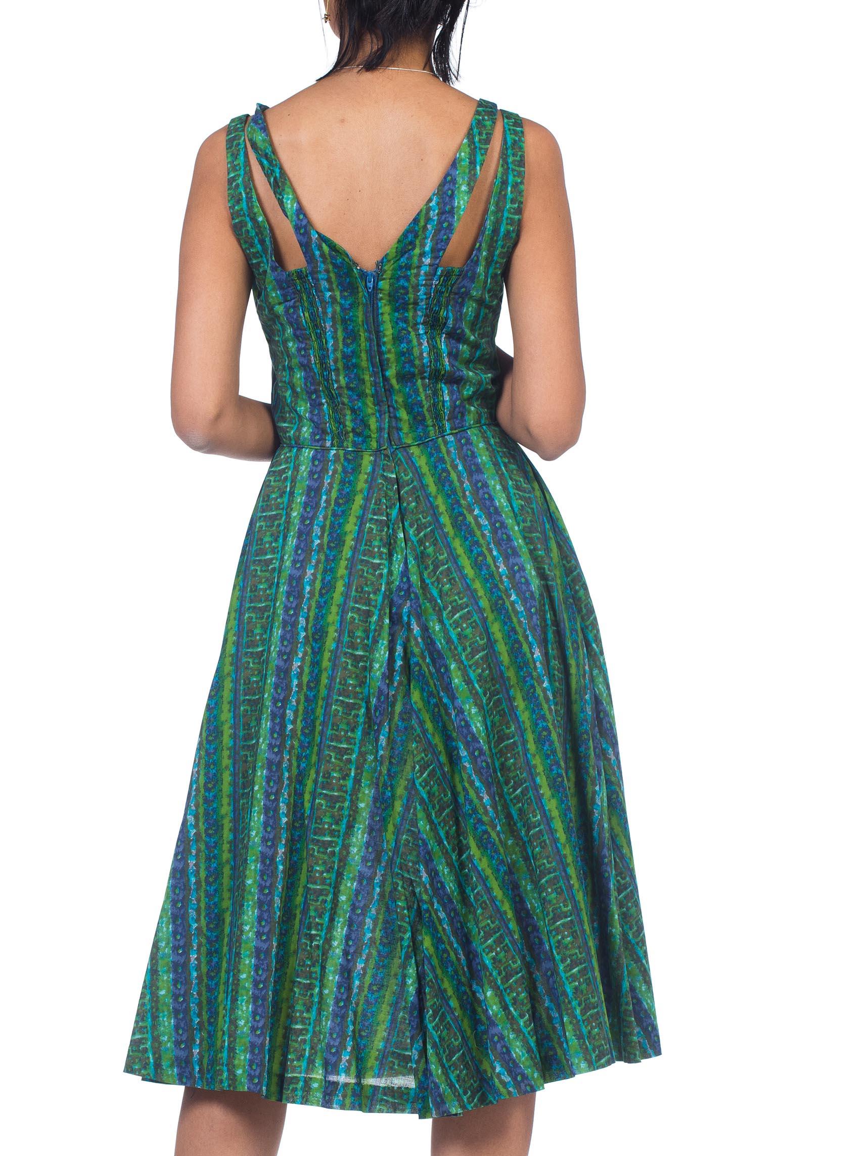 Women's 1950S Blue & Green Cotton Nani Of Hawaii Shelf Bust Tiki Dress For Sale