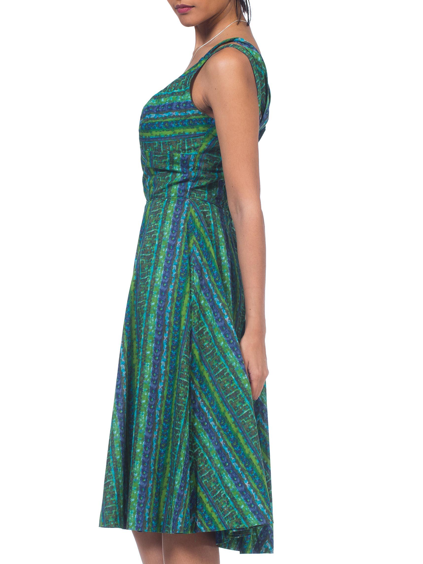 1950S Blue & Green Cotton Nani Of Hawaii Shelf Bust Tiki Dress For Sale 1