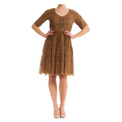 1950S NAT KAPLAN Brown Rayon & Silk Chantilly Lace Short Sleeve Cocktail Dress