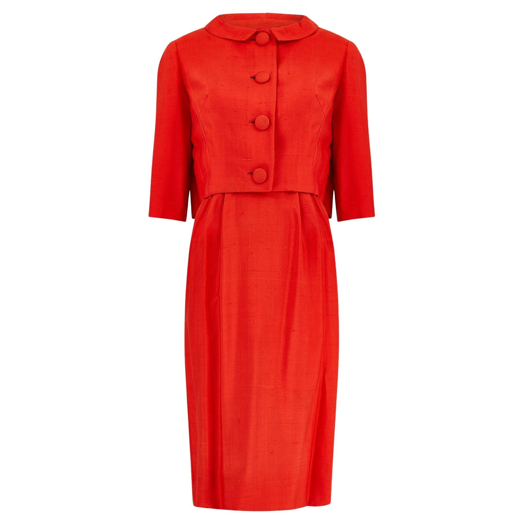 1950s Nathan Strong Costume habillé en soie orange foncé avec corsage froncé en vente