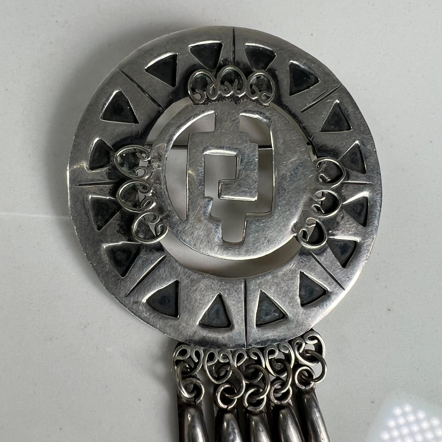 Mid-Century Modern 1950s Native Aztec Sterling Silver Brooch Pendant Pin Mexico For Sale