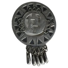 1950s Native Aztec Sterling Silver Brooch Pendant Pin Mexico