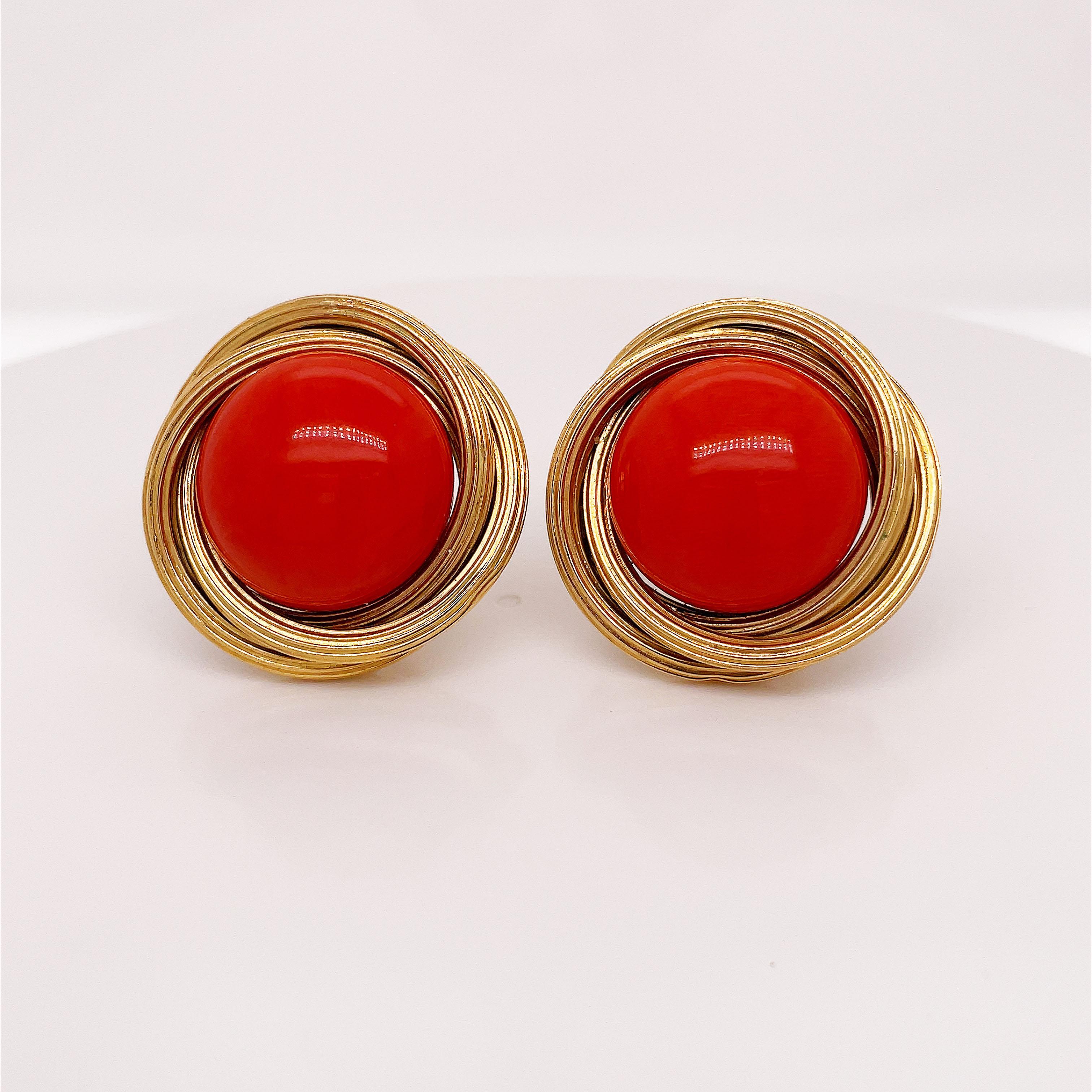 Retro 1950's Natural Coral Button Clip on Yellow Gold Earrings For Sale