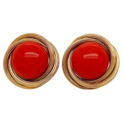 1950's Natural Coral Button Clip on Yellow Gold Earrings