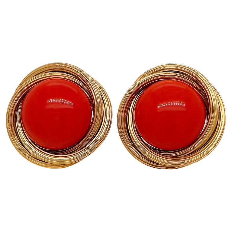 1950's Natural Coral Button Clip on Yellow Gold Earrings For Sale at ...