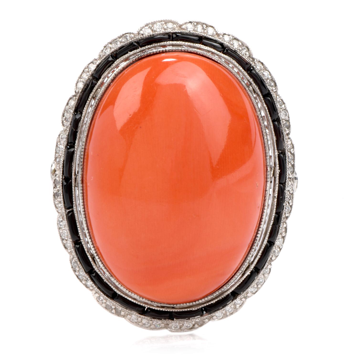You’ll become a lover of marine life as you set your eyes on this

Very large natural Coral cocktail ring. Adorning the center of

This immaculately handmade platinum ring is one large oval shaped natural salmon red Coral measuring

Appx. 17.62 x
