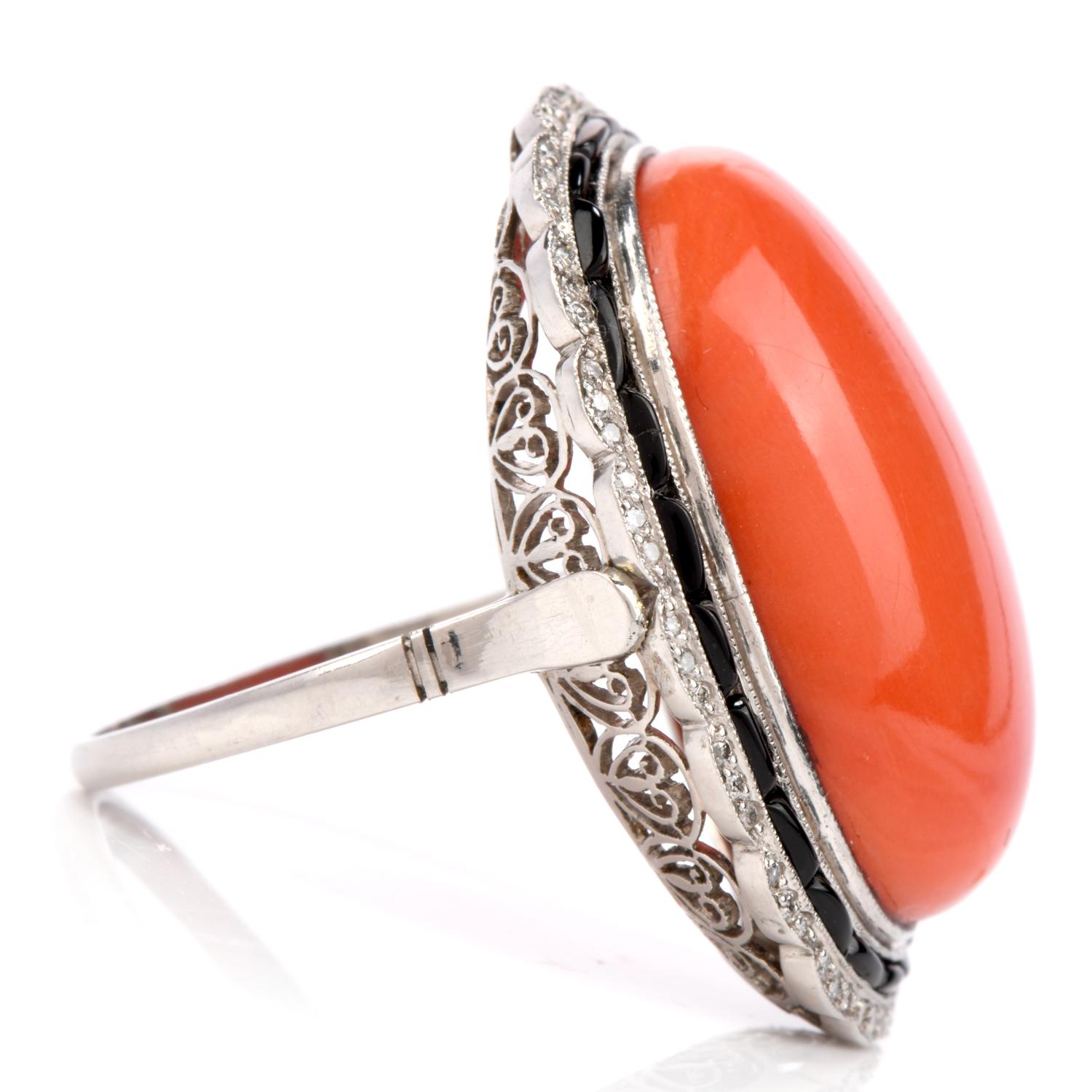 Art Deco 1950s Natural Red Coral Diamond Onyx Platinum Cocktail Ring